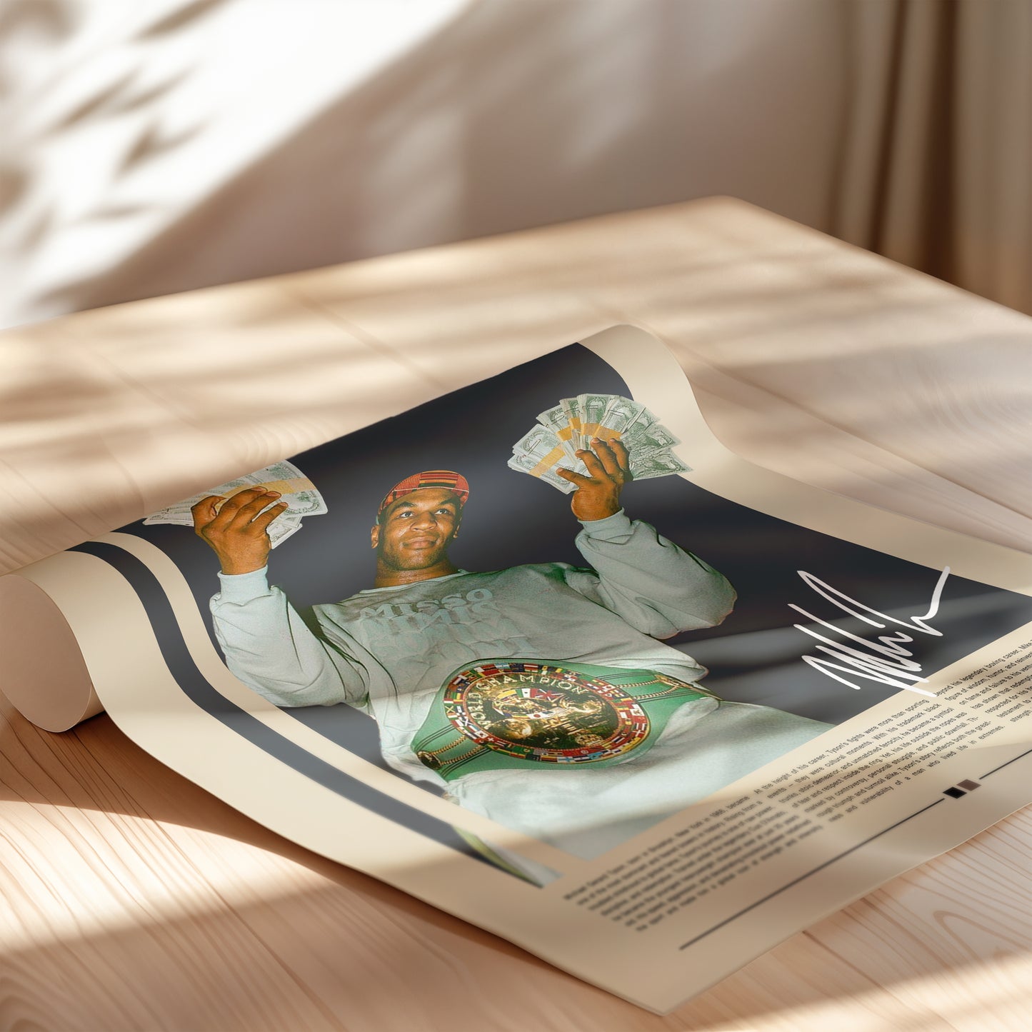 Vintage Mike Tyson poster featuring the boxer proudly holding stacks of cash while wearing his championship belt. Retro beige and dark background design inspired by 90s sports photography. Perfect for boxing fans, collectors, and motivational wall decor lovers.