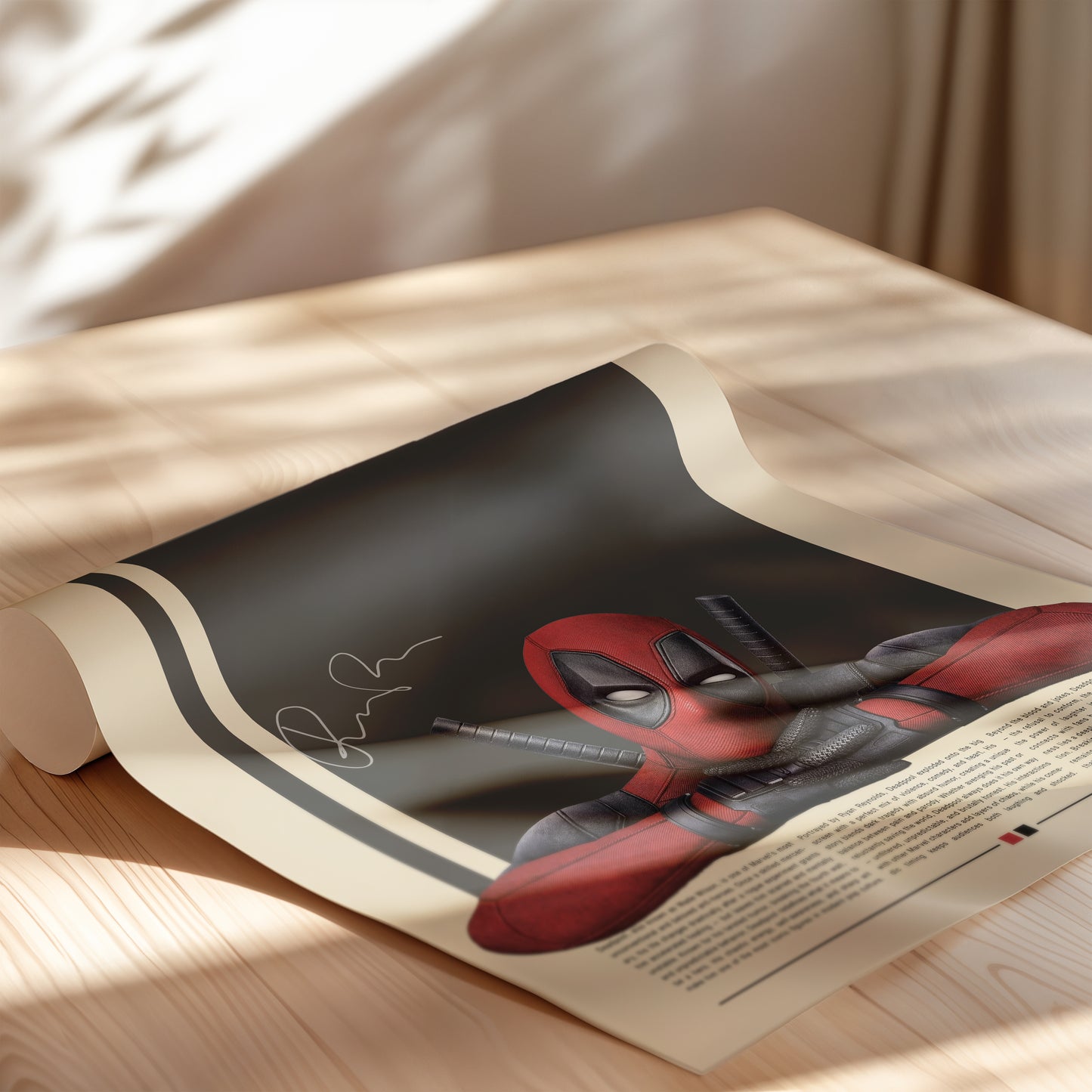 Minimalist Deadpool poster featuring the red-and-black Marvel antihero leaning on his arms with katanas behind him. Clean beige and black background design with cinematic lighting. Perfect for Marvel fans, collectors, and modern wall decor enthusiasts.