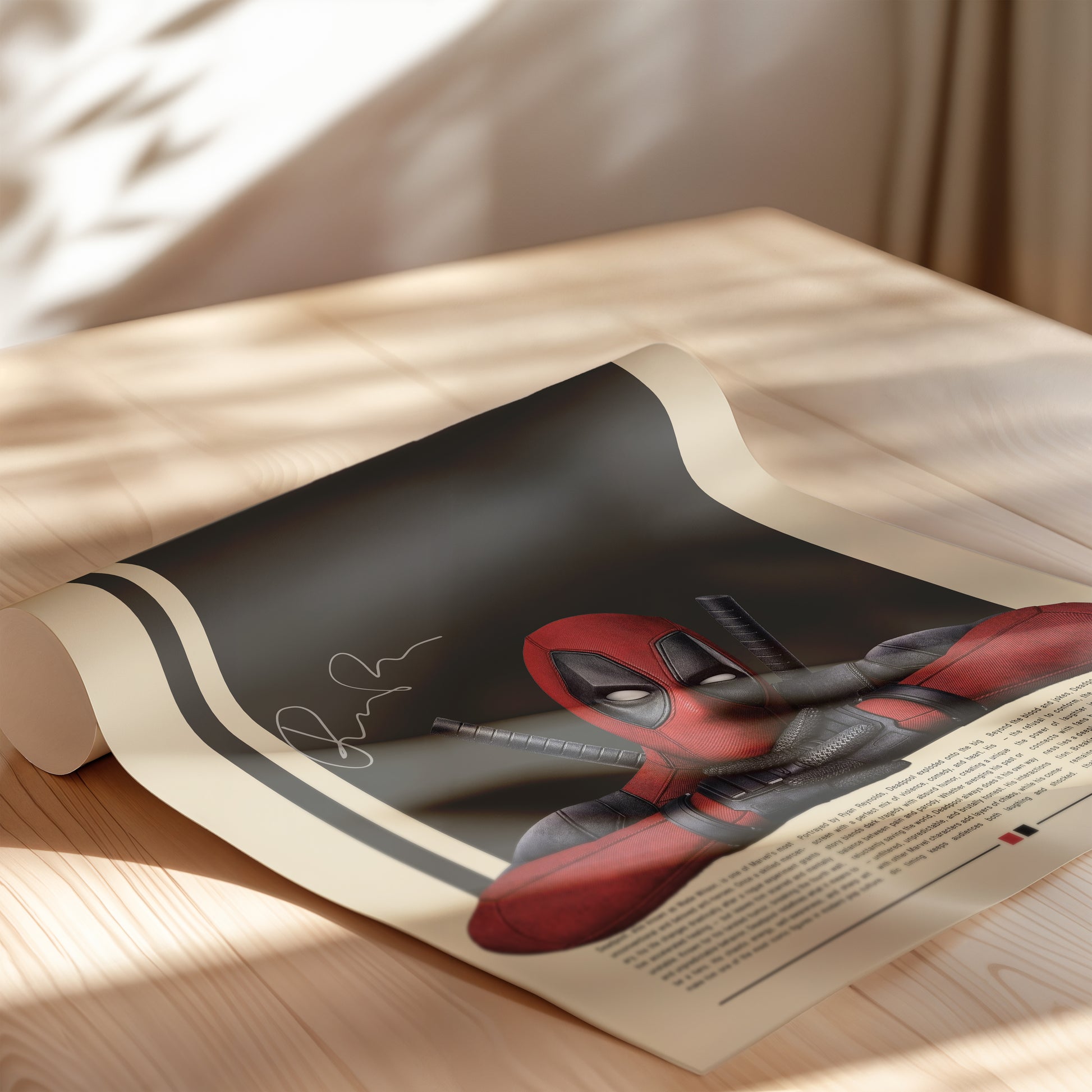 Minimalist Deadpool poster featuring the red-and-black Marvel antihero leaning on his arms with katanas behind him. Clean beige and black background design with cinematic lighting. Perfect for Marvel fans, collectors, and modern wall decor enthusiasts.