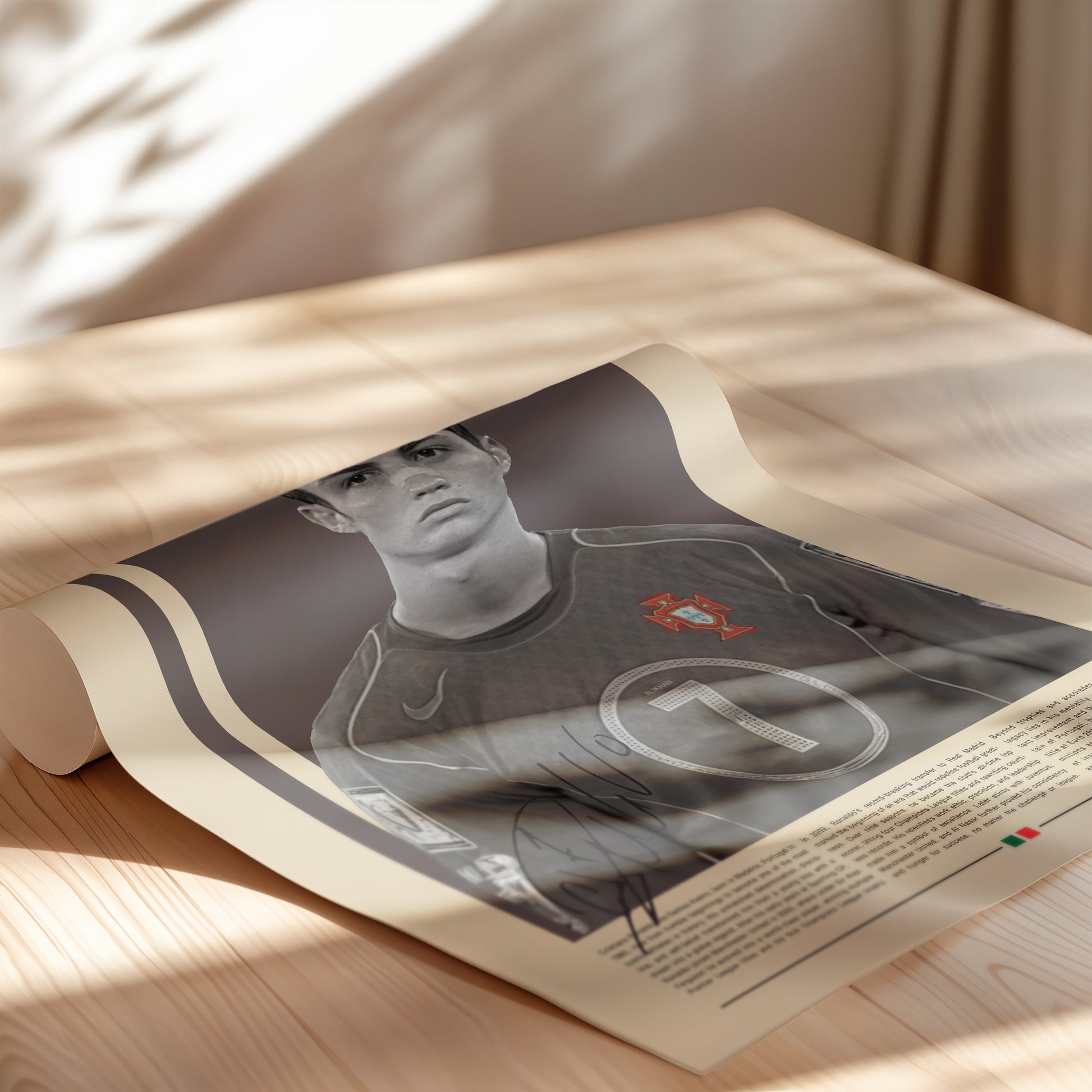 Vintage-style poster of Cristiano Ronaldo in his early Portugal national team era. Features the young athlete in a focused pose wearing the number 7 jersey, symbolizing determination, discipline, and ambition. Perfect wall decor for football fans and sports enthusiasts, printed on matte premium paper with sharp details and vibrant tones — ideal for home, studio, or office display.