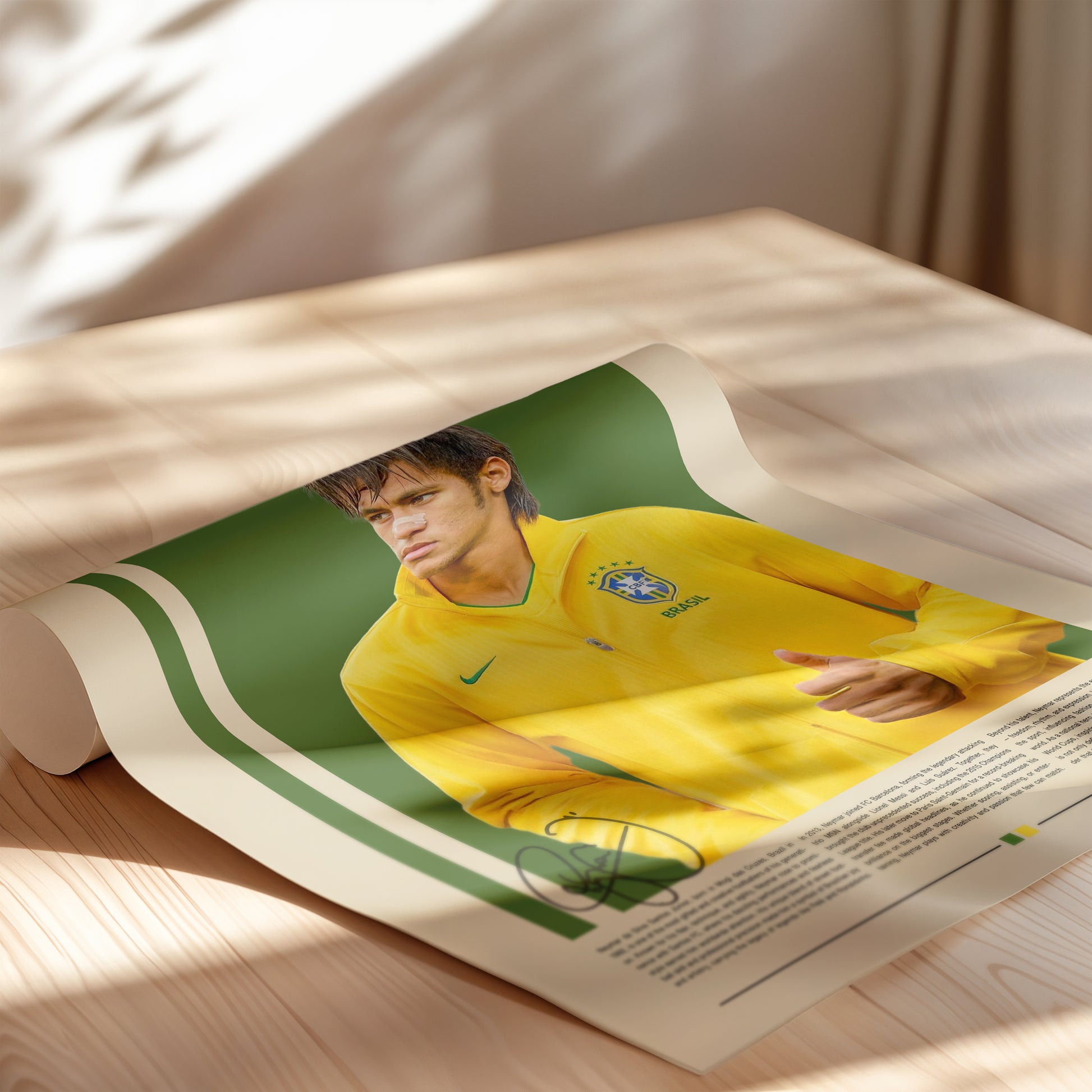 Poster of Neymar Jr in his Brazil training jacket, captured in his early football years. The minimalist artwork features a green and yellow color palette symbolizing Brazil’s passion for the game. Printed on premium matte paper with sharp details and vivid tones, this Neymar wall art celebrates creativity, energy, and the artistic side of football. Ideal for sports fans, collectors, and modern home interiors.