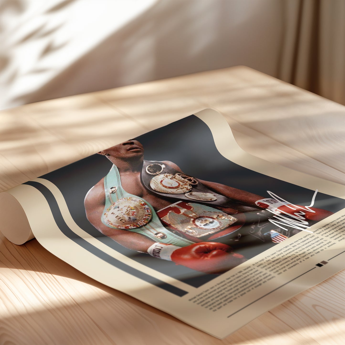 Vintage Mike Tyson poster showing the boxing legend wearing multiple championship belts. Powerful portrait of the heavyweight champion in his prime, symbolizing strength, determination, and legacy. Perfect for sports fans and collectors looking for bold, iconic wall art with a minimalist retro feel.