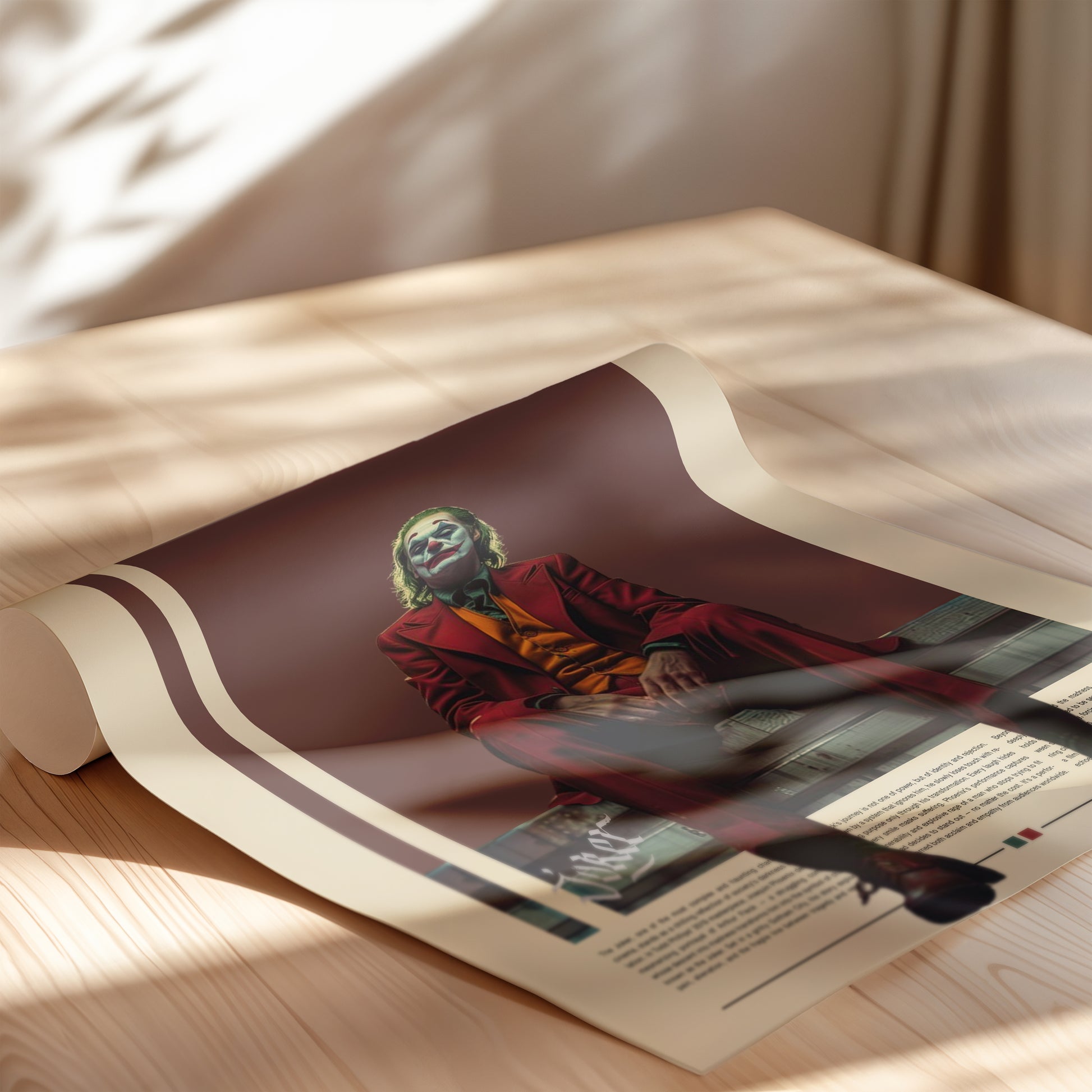 Minimalist Joker poster featuring Joaquin Phoenix in a red suit sitting under moody lighting on a dark red background. Inspired by the 2019 film Joker, this cinematic artwork captures emotion, isolation, and power – ideal for film enthusiasts and modern wall decor lovers.