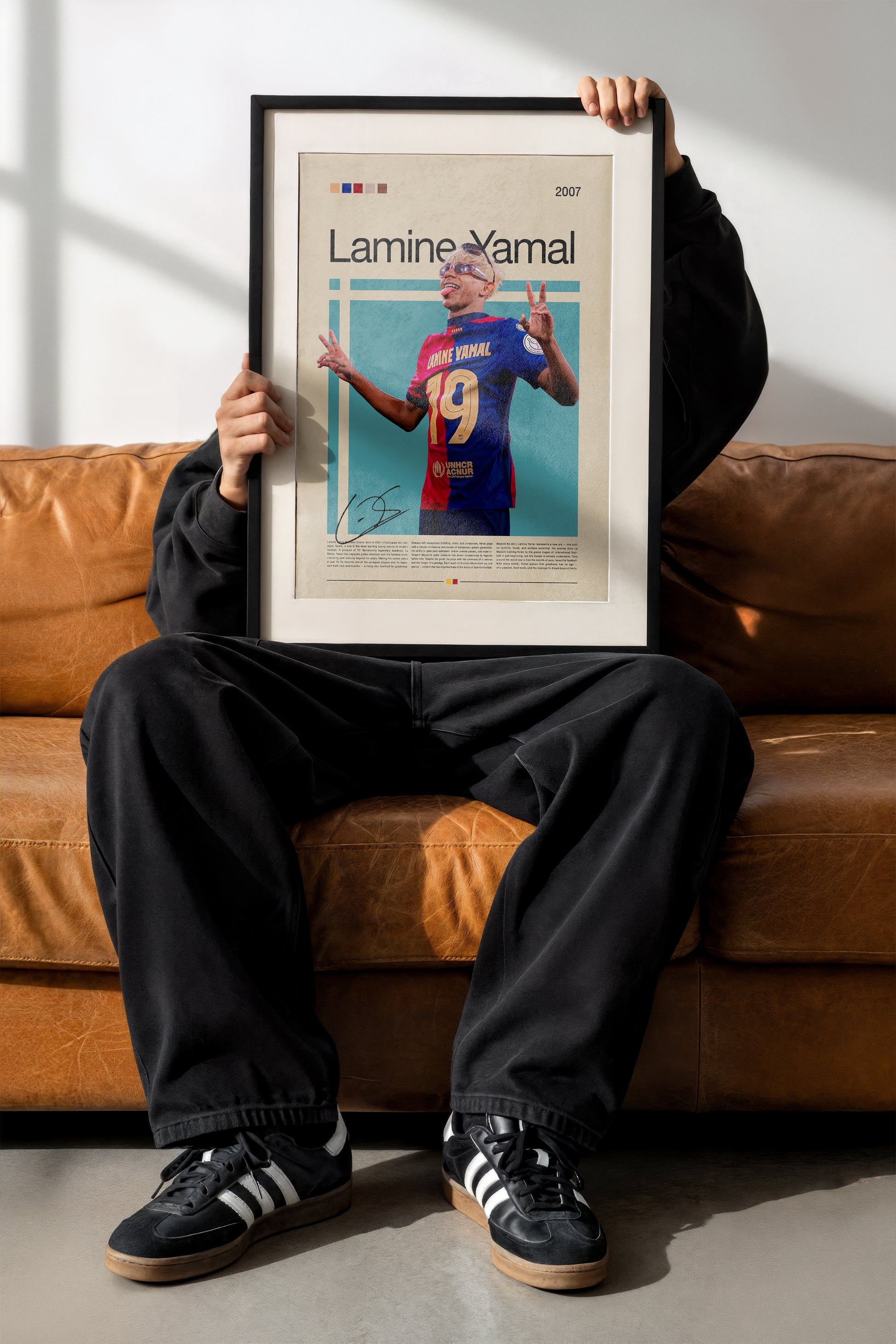 Poster of Lamine Yamal, FC Barcelona’s young football sensation, wearing the number 19 jersey. The design combines vintage tones with modern minimalism, celebrating the Spanish wonderkid’s talent, creativity, and confidence. Perfect wall art for football lovers, collectors, and sports enthusiasts worldwide.