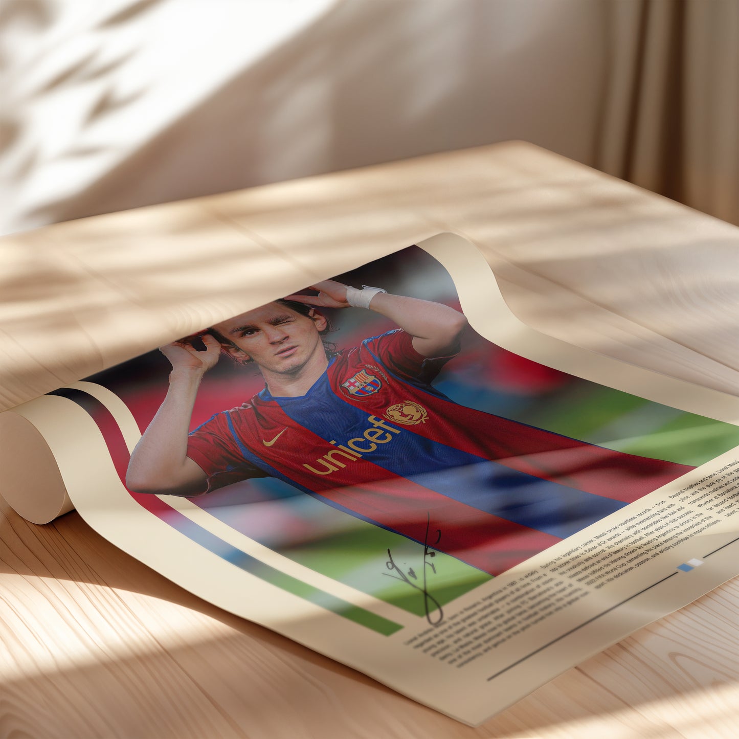 Poster von Lionel Messi in Barcelona-Trikot. Zeigt ihn während eines Spiels, inspiriert vom Stil klassischer Sportfotografie. Ideal als Wanddekoration für Fußball- und Sportfans, mit satten Farben und hochwertigem Druck.