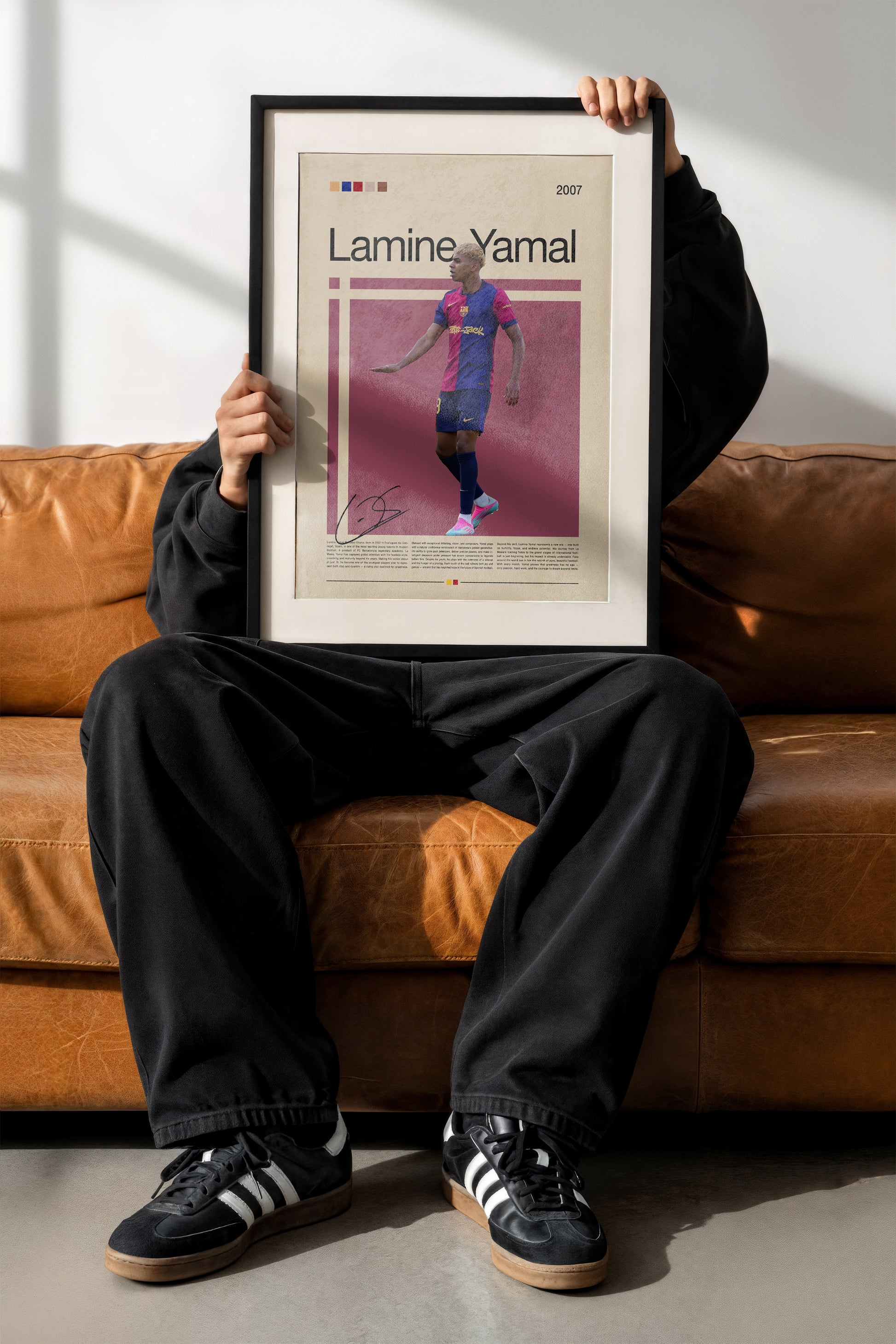 Modern poster of Lamine Yamal, FC Barcelona’s rising football prodigy, captured mid-celebration in his red and blue jersey. Stylish minimalist layout with vintage-inspired tones, perfect wall art for sports fans, young athletes, and anyone inspired by new-generation football icons.
