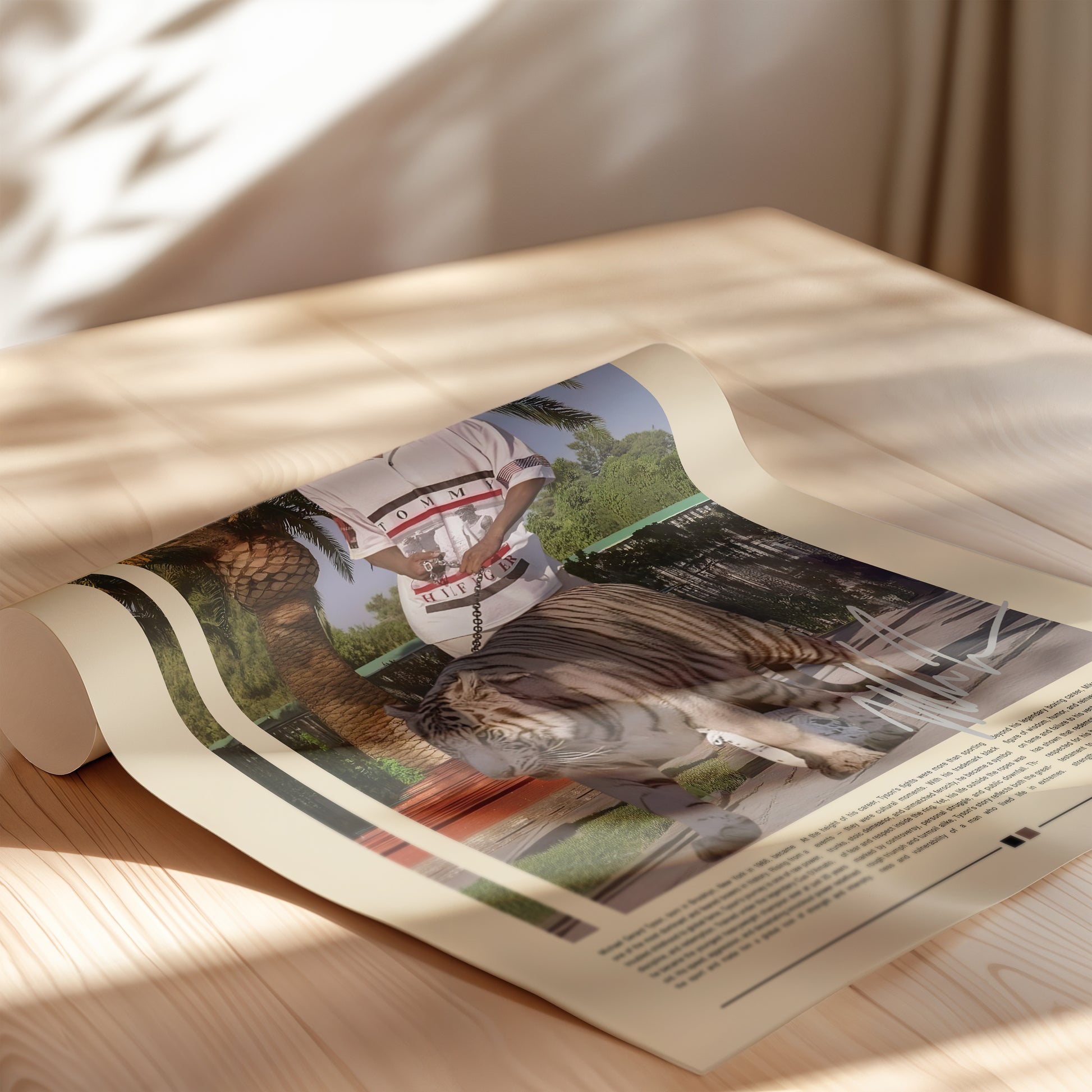 Vintage-style Mike Tyson poster featuring the legendary boxer smiling while walking a white tiger under palm trees. Minimal beige background with red, green, and white color palette. Perfect for boxing fans, collectors, and lovers of retro sports wall art and motivational decor.