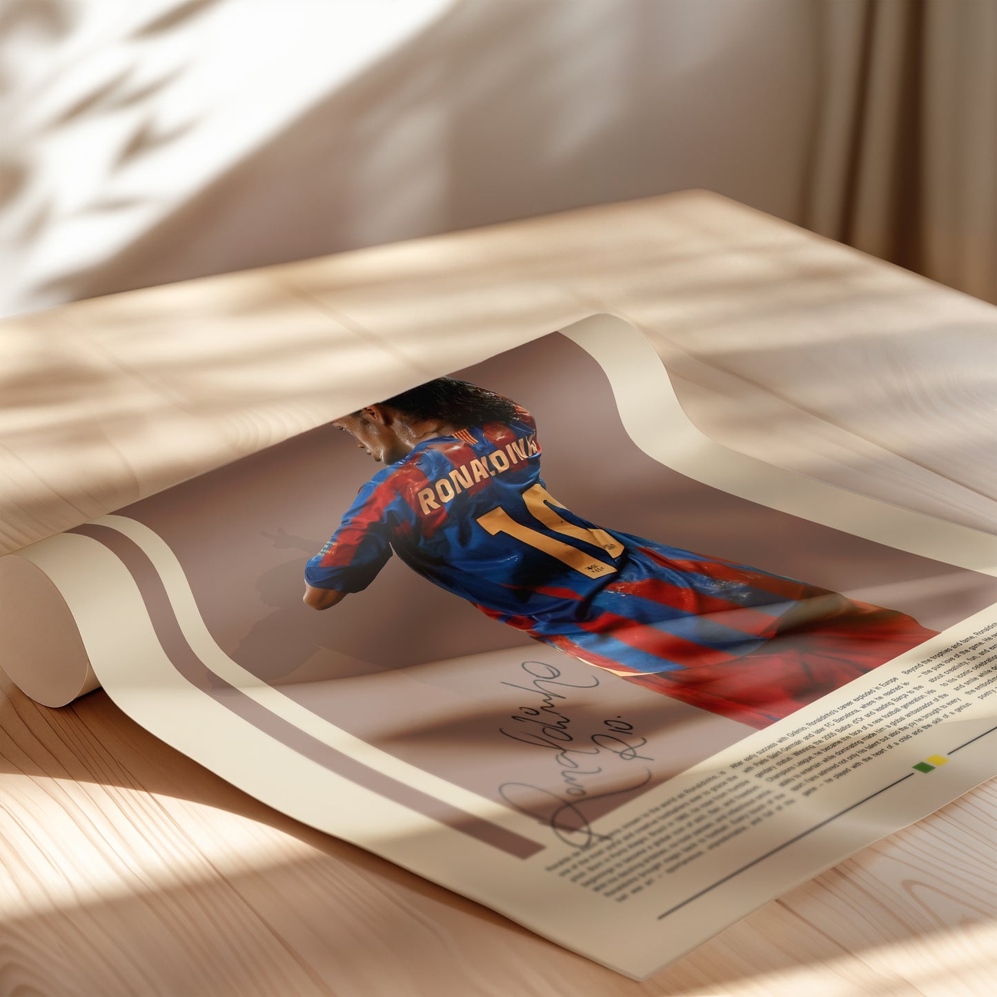 Vintage Ronaldinho poster featuring the Brazilian football legend in his FC Barcelona jersey with number 10. Captures the joy, creativity, and magic of his playing style. Perfect wall art for football lovers, collectors, and fans of beautiful, expressive sports design in a modern vintage aesthetic.