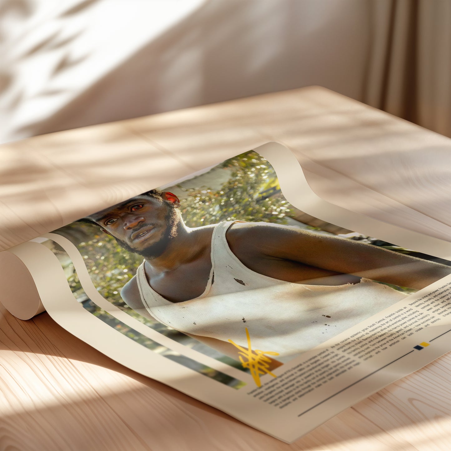 Minimalist Franklin Saint poster inspired by Snowfall. Cinematic composition with warm urban tones, showing Franklin’s struggle and ambition. Perfect for fans of dramatic TV series, collectors of modern art prints, and lovers of realistic storytelling wall decor.