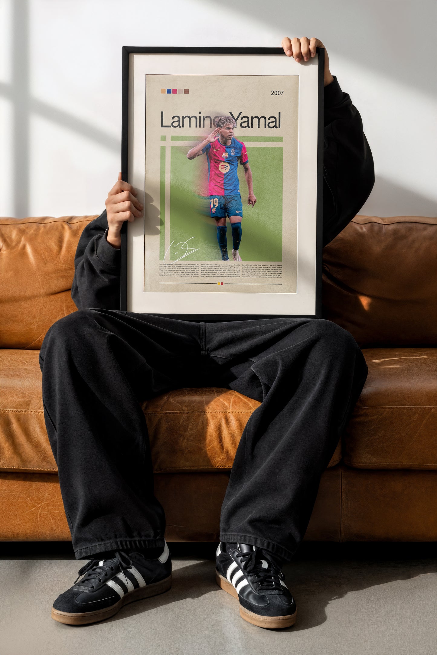 Poster of Lamine Yamal, Barcelona’s young football star, celebrating on the field in a red-blue jersey. Stylish vintage layout with modern beige background and green graphic accents. A motivational sports art print representing youth, dreams and football passion — perfect for collectors and fans.

