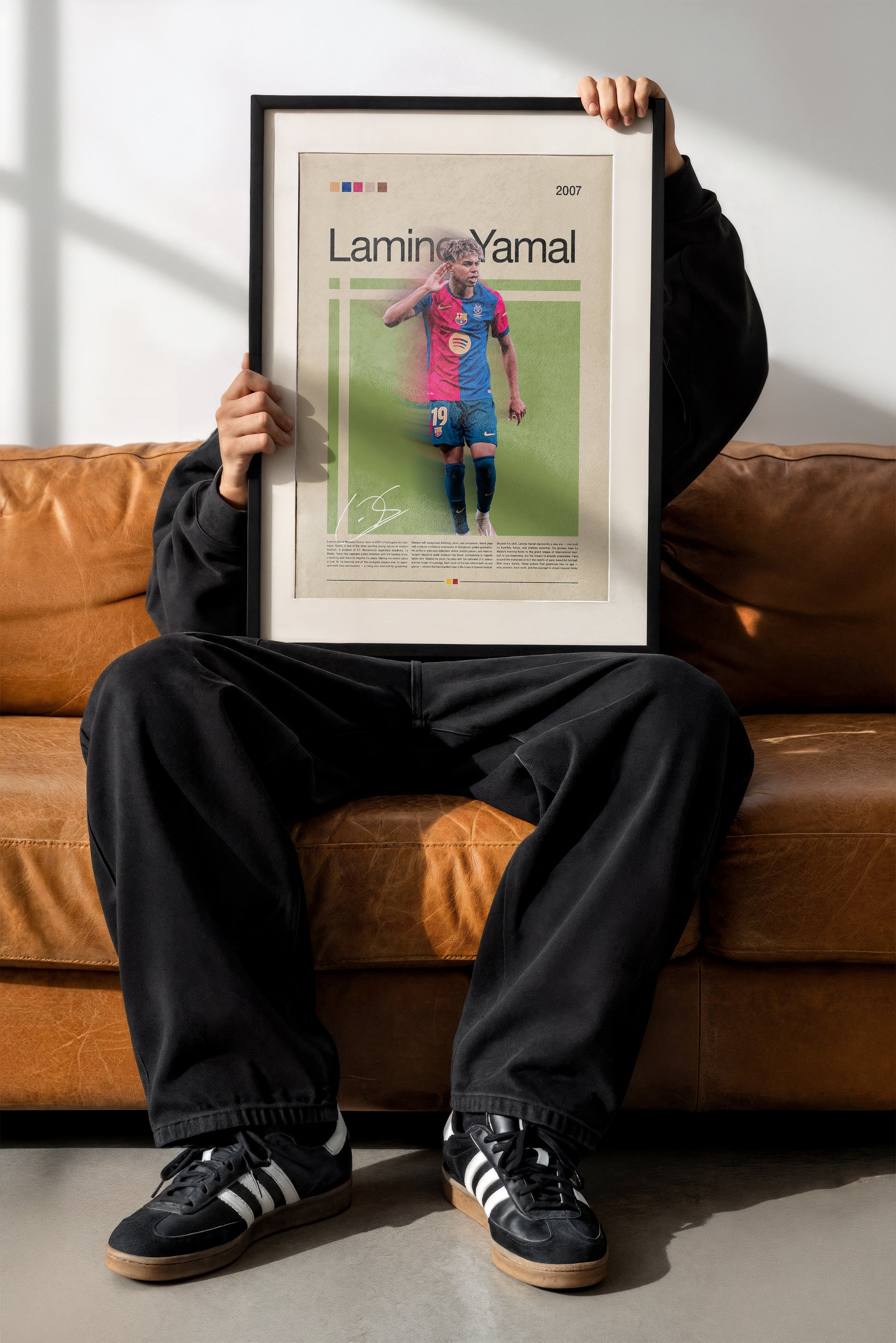 Poster of Lamine Yamal, Barcelona’s young football star, celebrating on the field in a red-blue jersey. Stylish vintage layout with modern beige background and green graphic accents. A motivational sports art print representing youth, dreams and football passion — perfect for collectors and fans.
