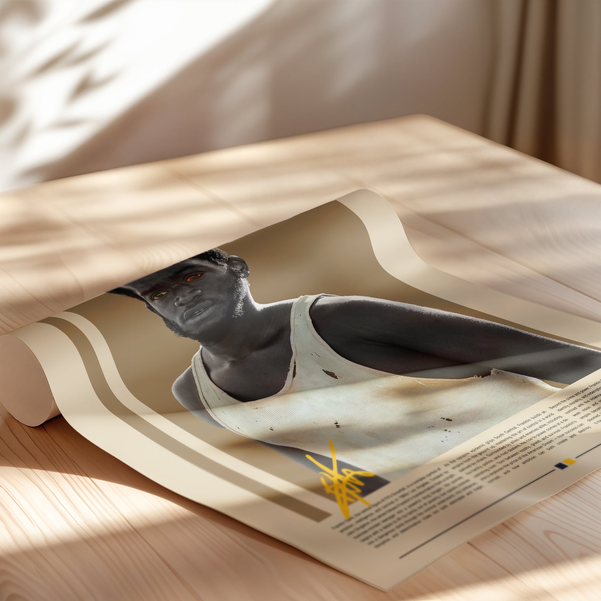 Minimalist Franklin Saint poster inspired by the TV show Snowfall. Features a bold portrait design with vintage tones, earthy color palette, and cinematic contrast. Perfect wall art for fans of TV series, urban aesthetics, and modern interiors. High-quality art print on matte paper, ideal for collectors or as a stylish home decor statement.