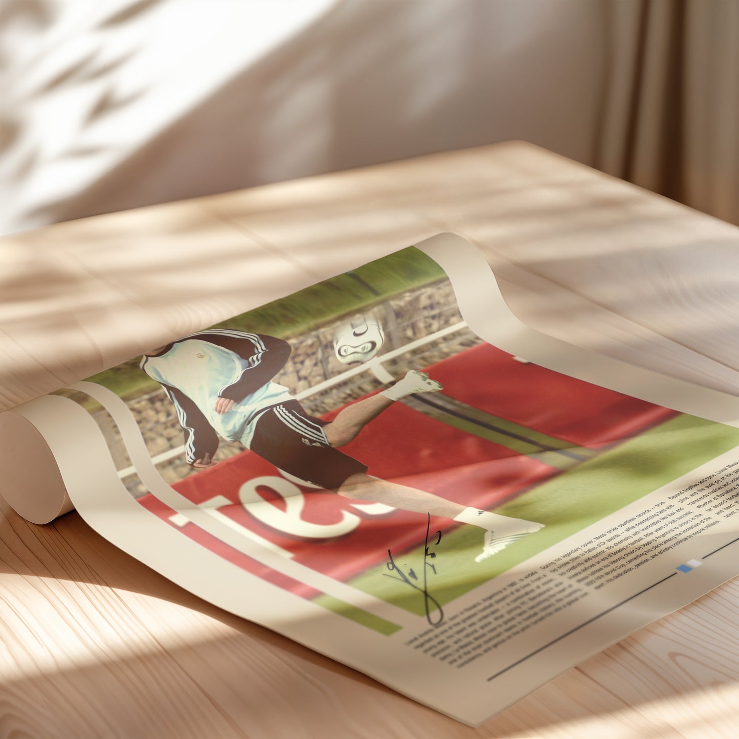 Hochwertiges Poster von Lionel Messi in einer seltenen Trainingsszene mit der argentinischen Nationalmannschaft. Das Design zeigt den jungen Fußballstar in Bewegung mit Ball, inspiriert von klassischen Sportaufnahmen. Perfekt als Wanddekoration für Fußballfans, Sportliebhaber oder Sammler – gedruckt auf mattem Premiumpapier mit lebendigen Farben und klaren Linien, ideal für Zuhause oder Büro.