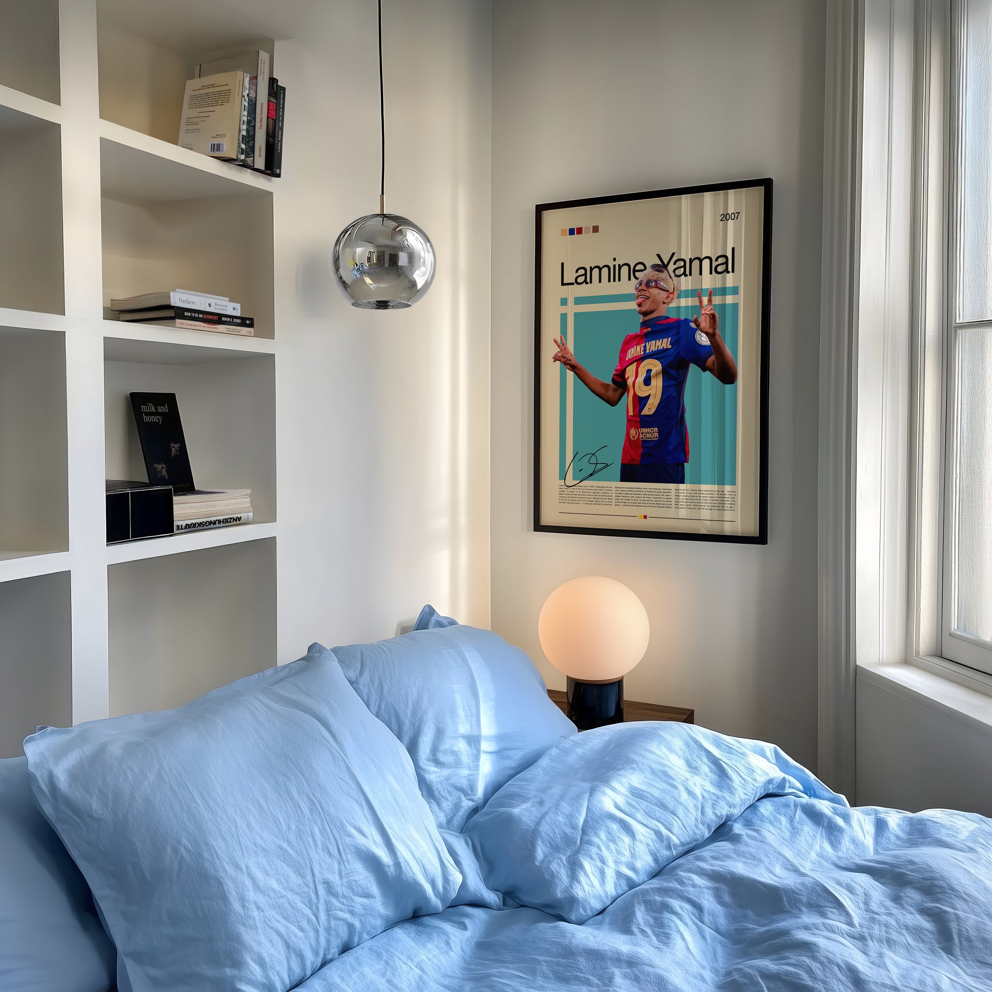 Poster of Lamine Yamal, FC Barcelona’s young football sensation, wearing the number 19 jersey. The design combines vintage tones with modern minimalism, celebrating the Spanish wonderkid’s talent, creativity, and confidence. Perfect wall art for football lovers, collectors, and sports enthusiasts worldwide.