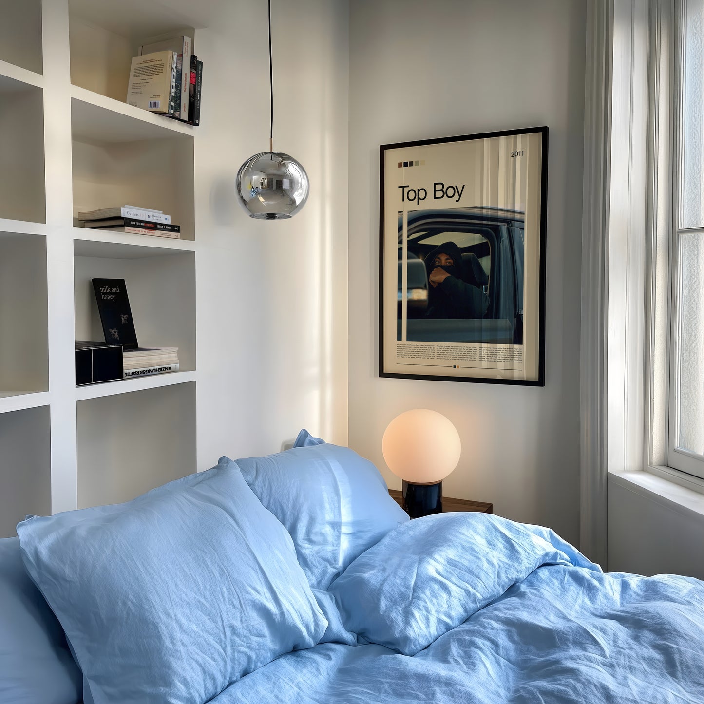 Cinematic Top Boy poster featuring Sully in a car, wearing a black hood under moody urban lighting. Minimal design with beige background and warm color tones. Perfect for fans of British dramas and modern street aesthetic wall art. Great for collectors and urban interior style.