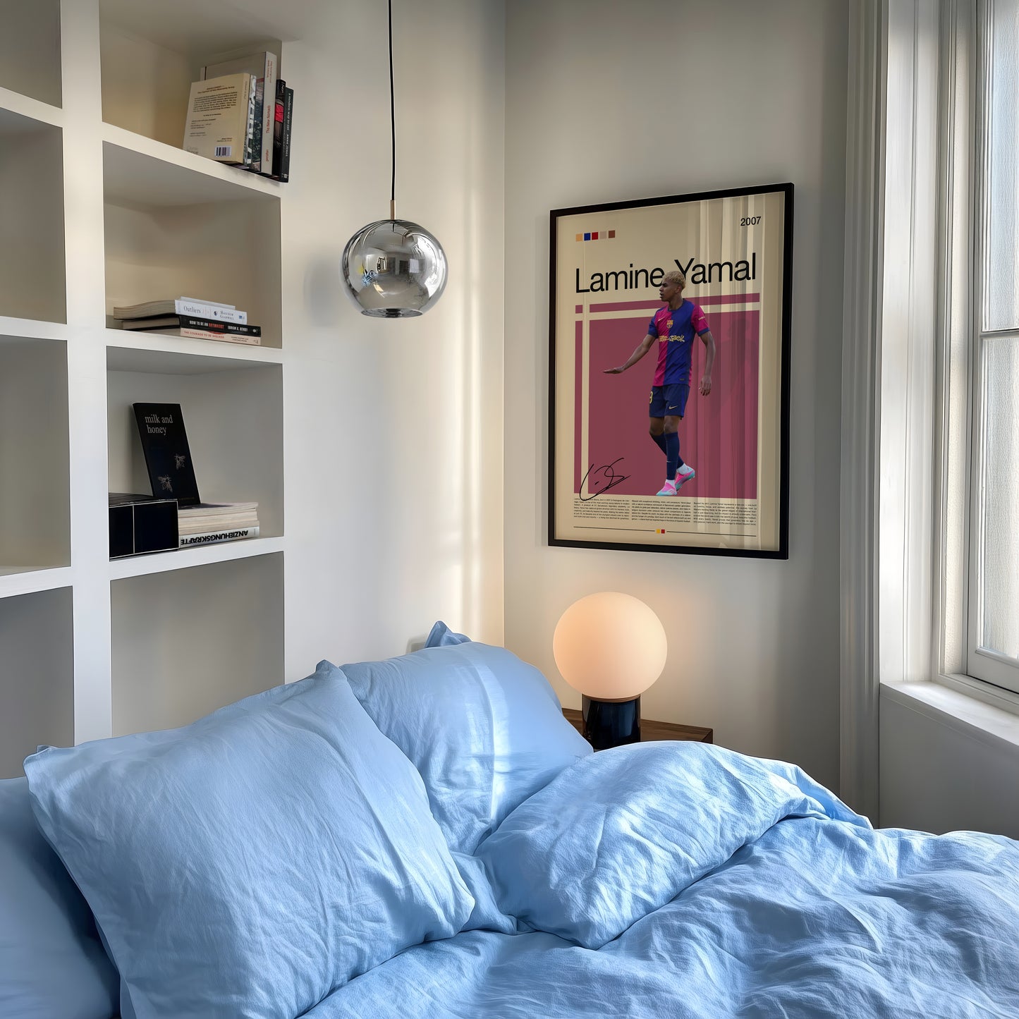 Modern poster of Lamine Yamal, FC Barcelona’s rising football prodigy, captured mid-celebration in his red and blue jersey. Stylish minimalist layout with vintage-inspired tones, perfect wall art for sports fans, young athletes, and anyone inspired by new-generation football icons.
