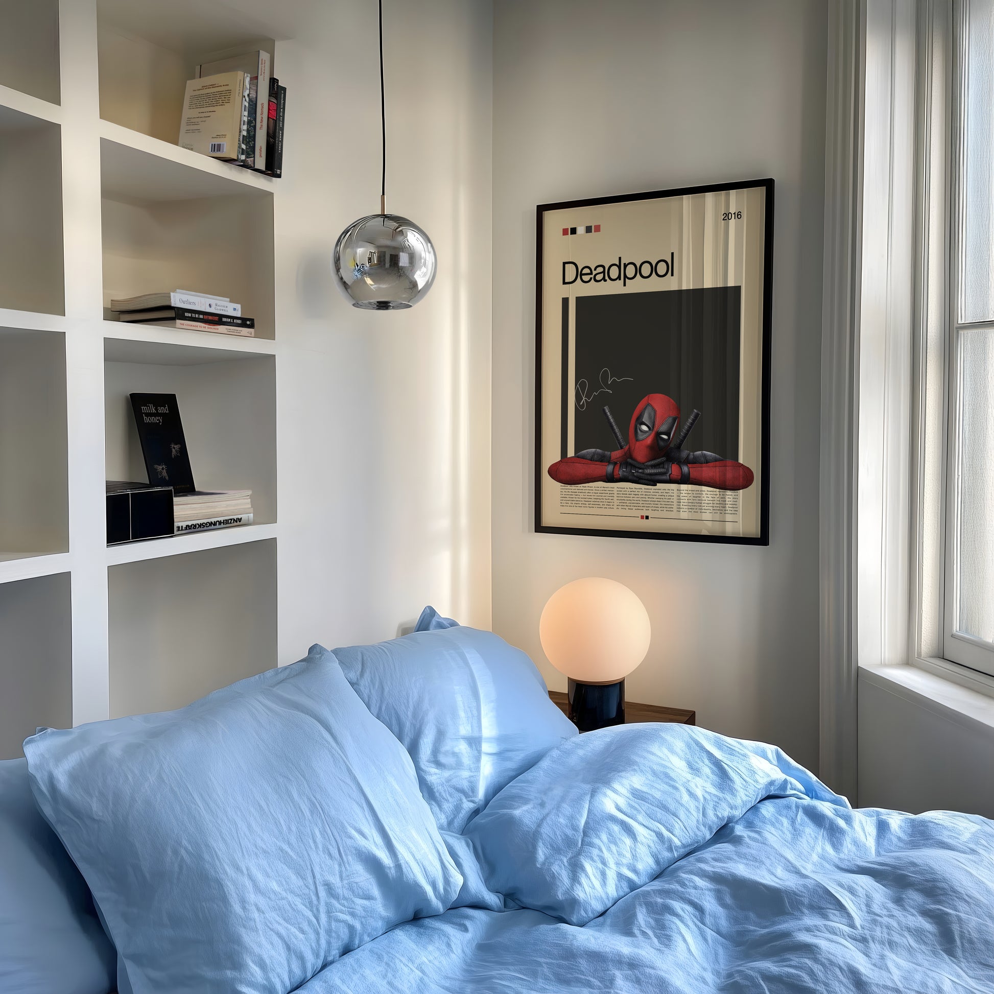 Minimalist Deadpool poster featuring the red-and-black Marvel antihero leaning on his arms with katanas behind him. Clean beige and black background design with cinematic lighting. Perfect for Marvel fans, collectors, and modern wall decor enthusiasts.