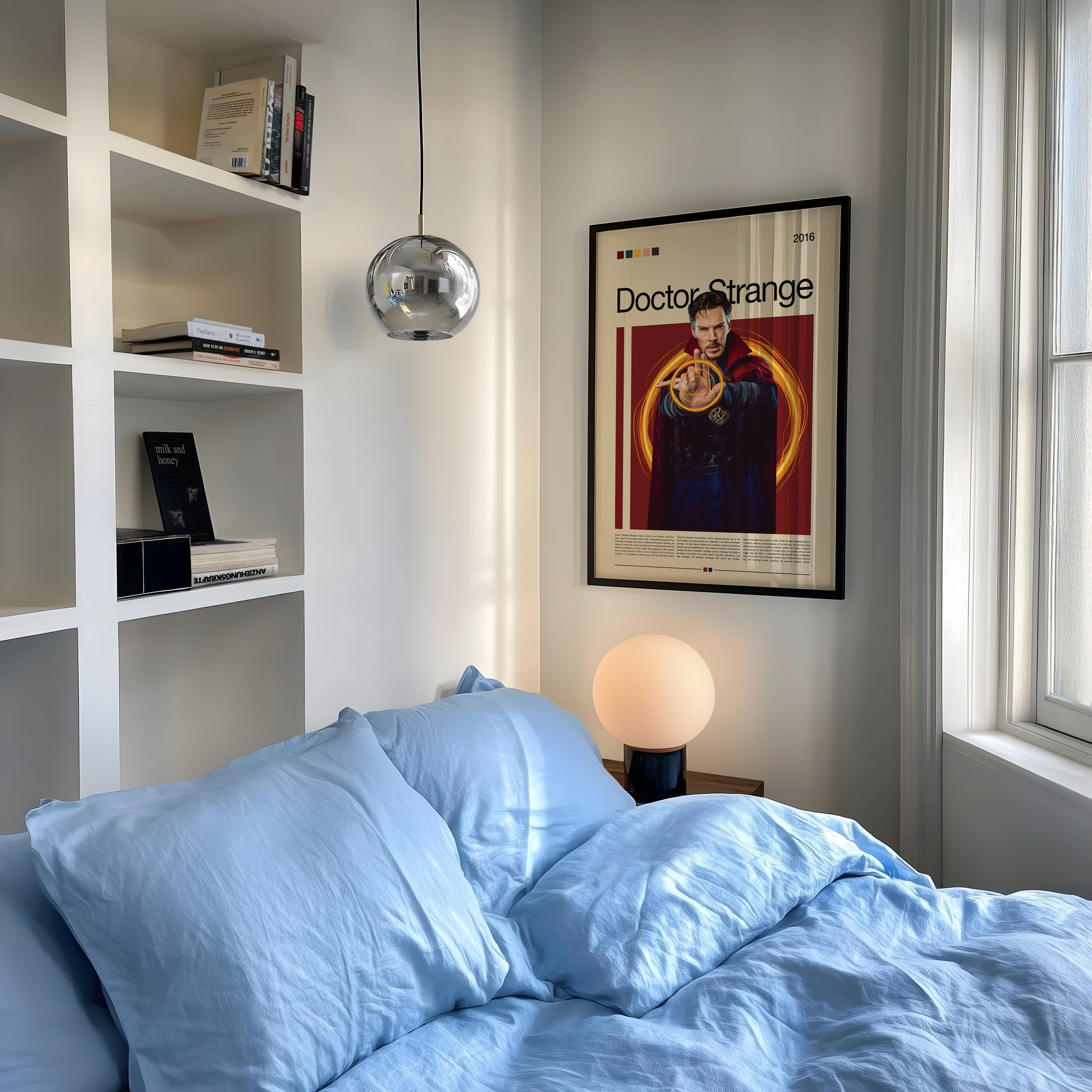 Stylish Doctor Strange Poster in 3D-Design. Zeigt den Sorcerer Supreme mit gold-orange leuchtenden magischen Energiekreisen vor einem dunklen Hintergrund. Perfekt als Wanddeko für Marvel- oder Filmfans.