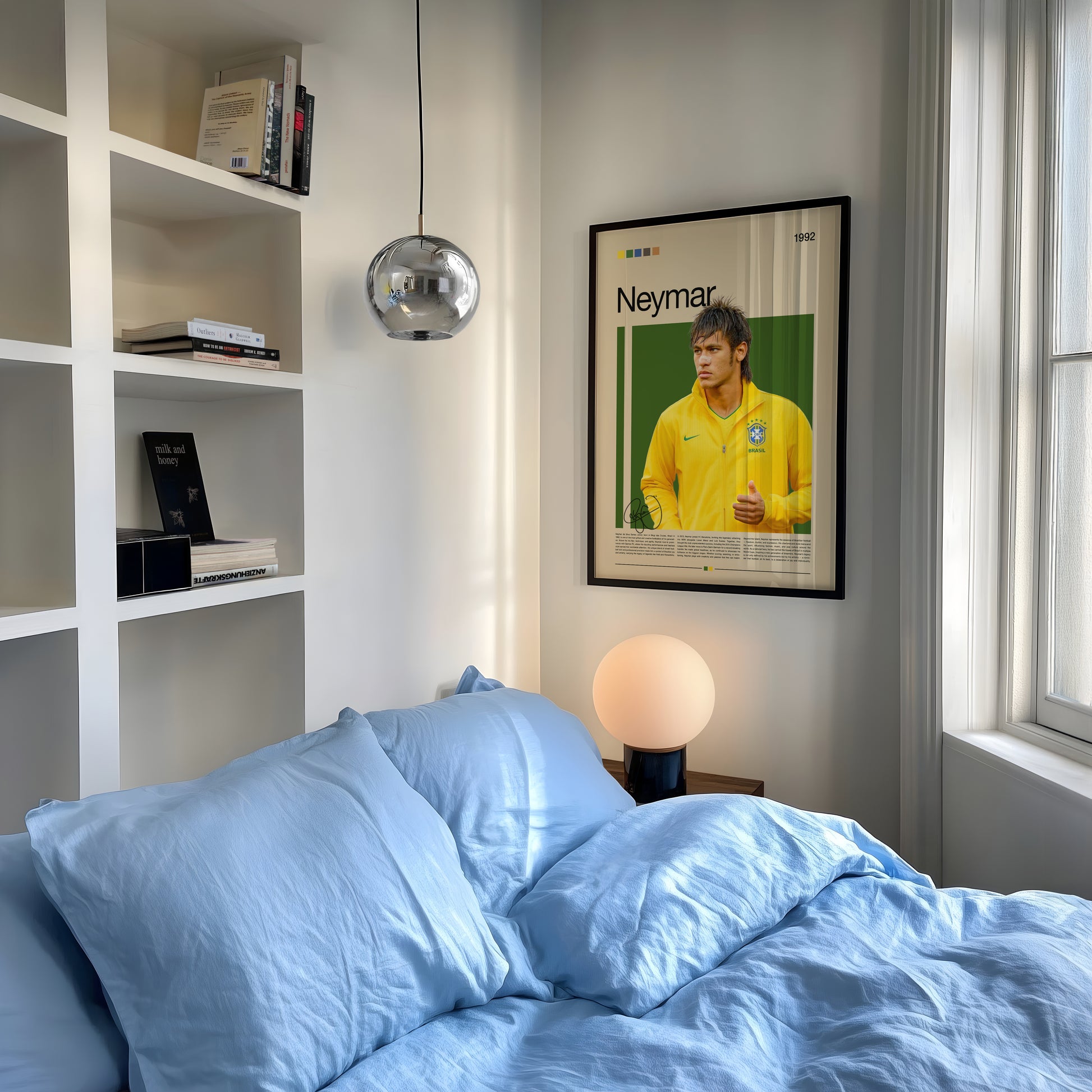 Poster of Neymar Jr in his Brazil training jacket, captured in his early football years. The minimalist artwork features a green and yellow color palette symbolizing Brazil’s passion for the game. Printed on premium matte paper with sharp details and vivid tones, this Neymar wall art celebrates creativity, energy, and the artistic side of football. Ideal for sports fans, collectors, and modern home interiors.