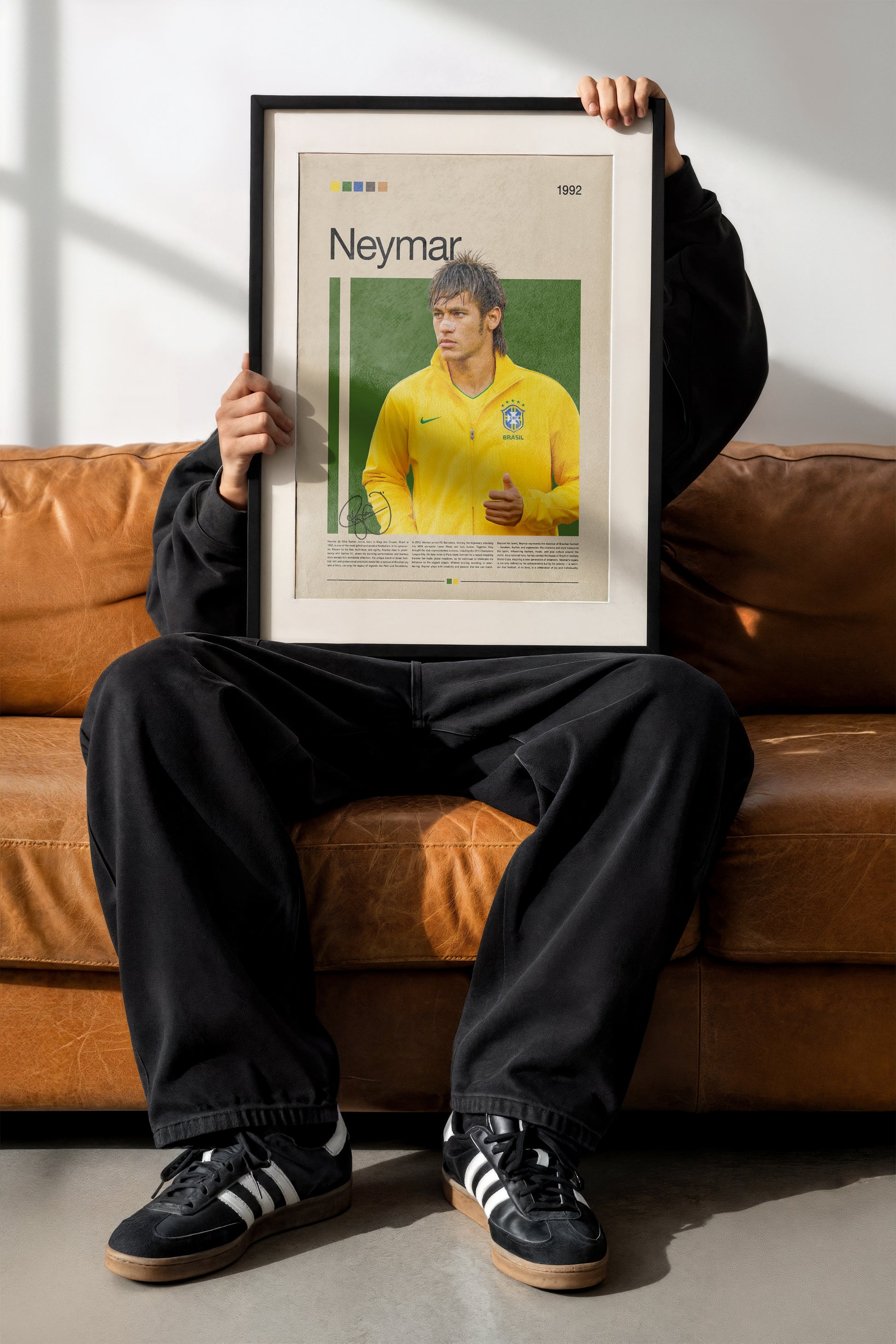 Poster of Neymar Jr in his Brazil training jacket, captured in his early football years. The minimalist artwork features a green and yellow color palette symbolizing Brazil’s passion for the game. Printed on premium matte paper with sharp details and vivid tones, this Neymar wall art celebrates creativity, energy, and the artistic side of football. Ideal for sports fans, collectors, and modern home interiors.