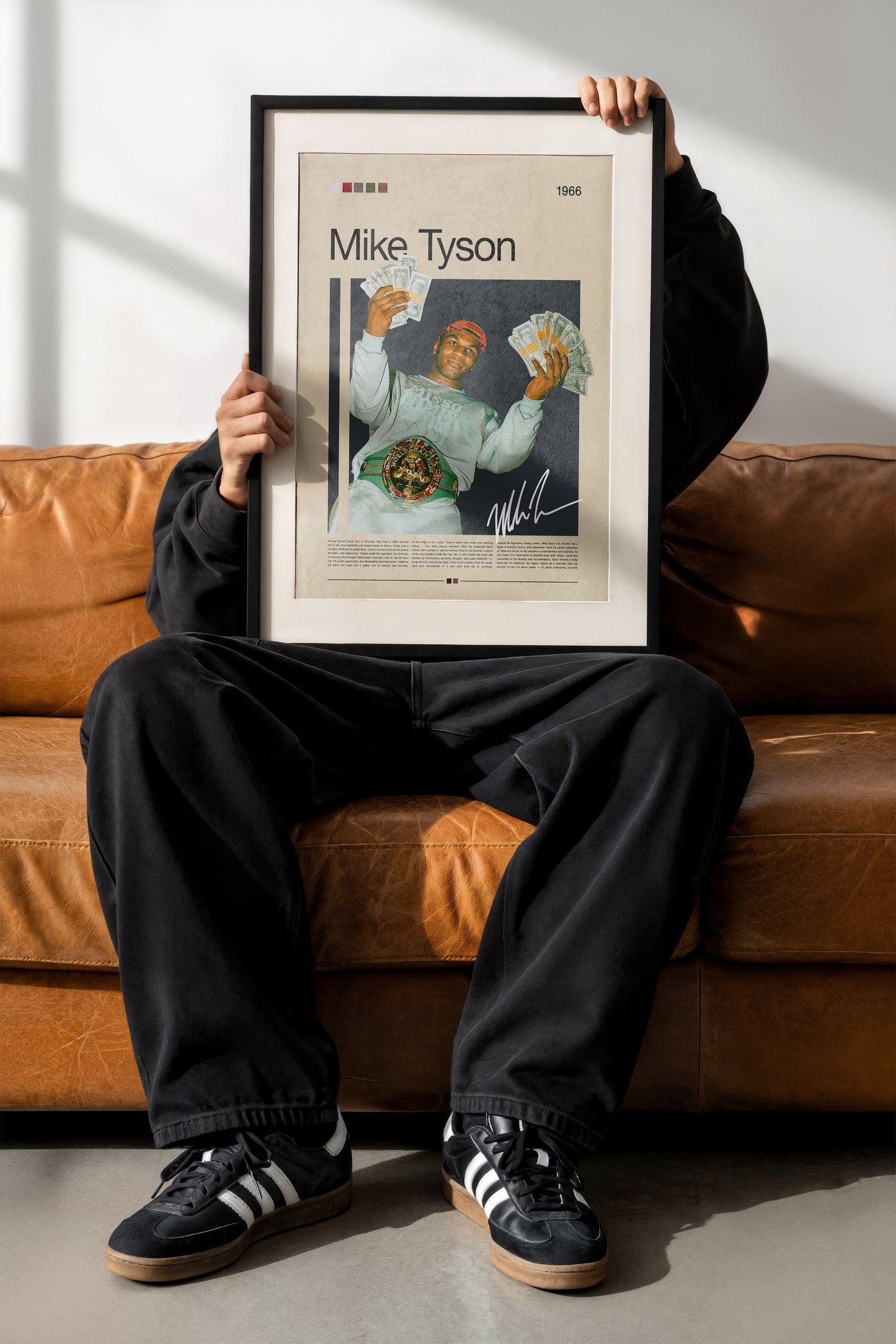 Vintage Mike Tyson poster featuring the boxer proudly holding stacks of cash while wearing his championship belt. Retro beige and dark background design inspired by 90s sports photography. Perfect for boxing fans, collectors, and motivational wall decor lovers.