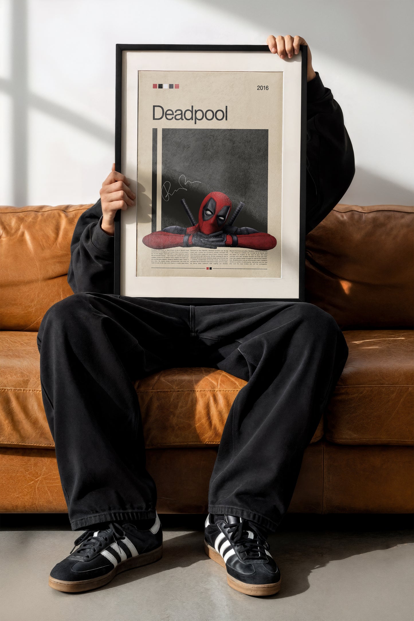 Minimalist Deadpool poster featuring the red-and-black Marvel antihero leaning on his arms with katanas behind him. Clean beige and black background design with cinematic lighting. Perfect for Marvel fans, collectors, and modern wall decor enthusiasts.