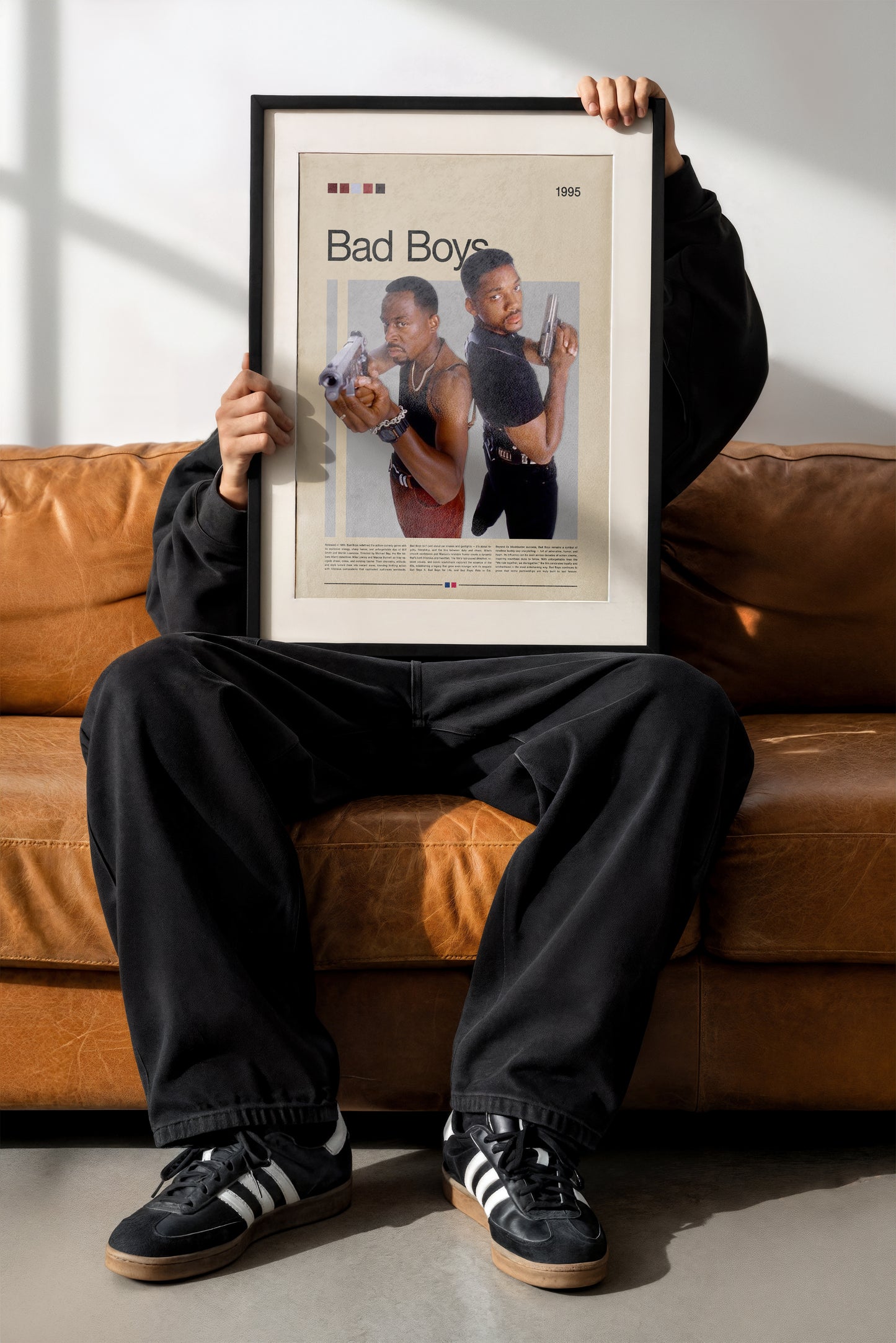 Bad Boys 3D poster featuring two detectives standing back-to-back with guns drawn, inspired by the classic 90s action movie. High-quality digital print in retro style, perfect wall art for living room, office, or movie room. Great gift for fans of action films and cinema classics.