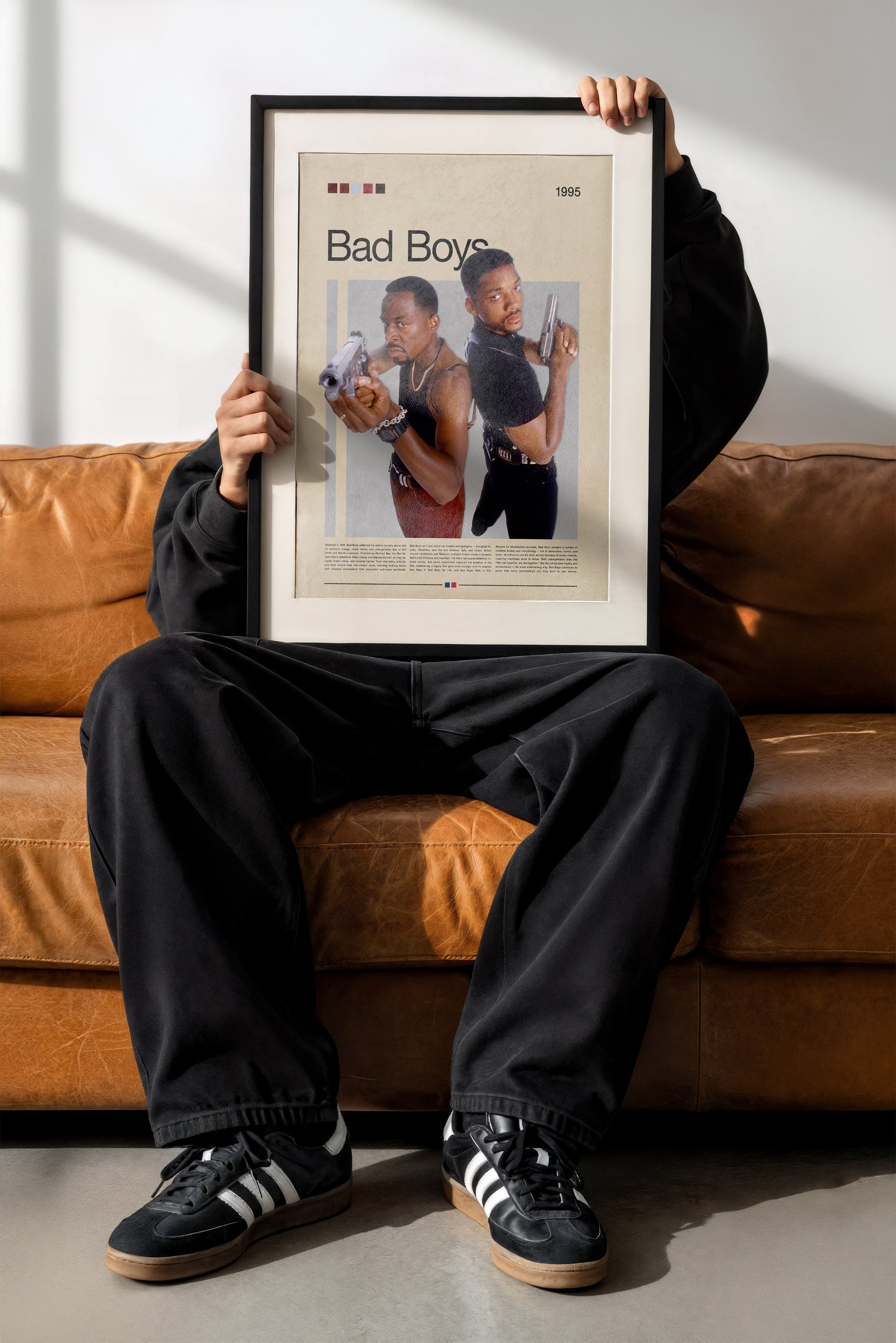 Bad Boys 3D poster featuring two detectives standing back-to-back with guns drawn, inspired by the classic 90s action movie. High-quality digital print in retro style, perfect wall art for living room, office, or movie room. Great gift for fans of action films and cinema classics.