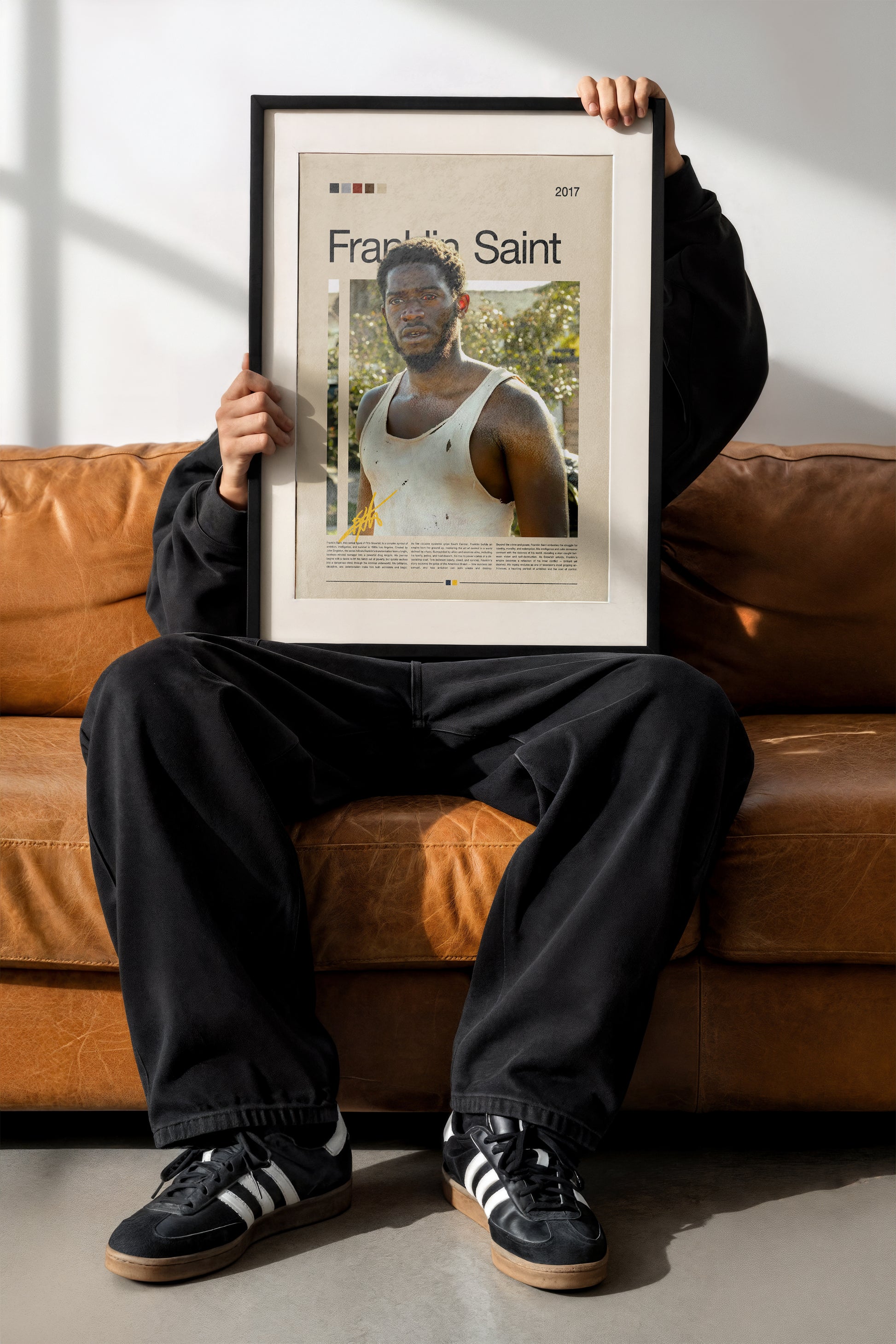 Minimalist Franklin Saint poster inspired by Snowfall. Cinematic composition with warm urban tones, showing Franklin’s struggle and ambition. Perfect for fans of dramatic TV series, collectors of modern art prints, and lovers of realistic storytelling wall decor.