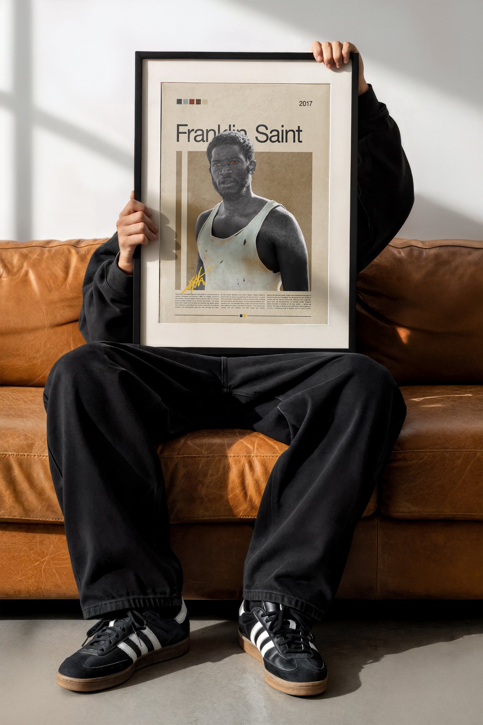 Minimalist Franklin Saint poster inspired by the TV show Snowfall. Features a bold portrait design with vintage tones, earthy color palette, and cinematic contrast. Perfect wall art for fans of TV series, urban aesthetics, and modern interiors. High-quality art print on matte paper, ideal for collectors or as a stylish home decor statement.