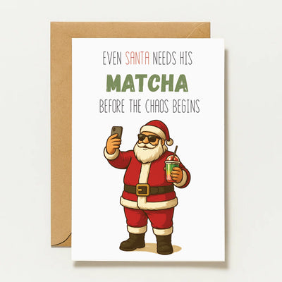 Carte de Noël Matcha humoristique | Carte de Noël amusante avec le Père Noël | Même le Père Noël a besoin de sa carte Matcha | Carte A6 | Vœux de Noël pour les amoureux du Matcha