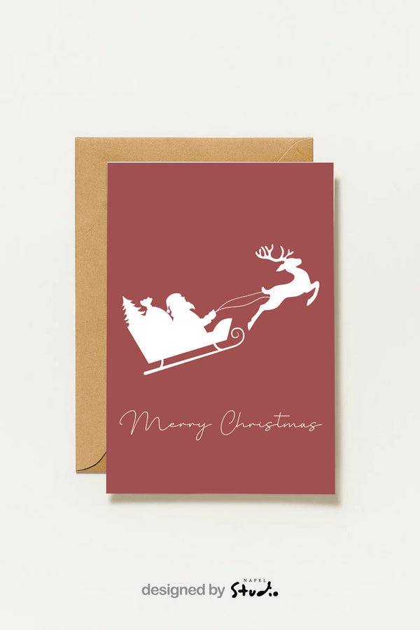 Minimalistische Weihnachtskarte Merry Christmas Mit Santa Schlitten Und Rentier