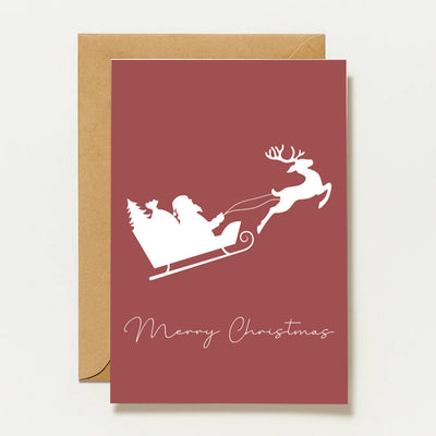 Carte de Noël minimaliste Joyeux Noël | Carte de vœux avec le traîneau du Père Noël et ses rennes