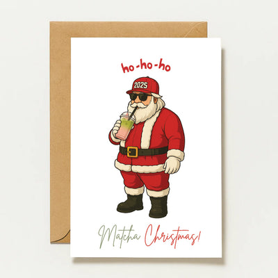 Carte de Noël Matcha | Carte de Noël humoristique avec le Père Noël | Carte Ho-Ho-Ho 2025 | Format A6 | Vœux de Noël pour les amateurs de matcha
