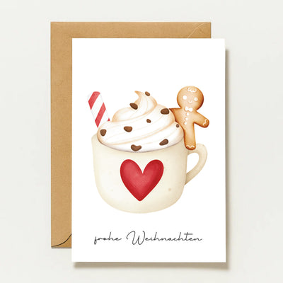 Carte de Noël : bonhomme en pain d'épice et chocolat chaud | Joyeux Noël
