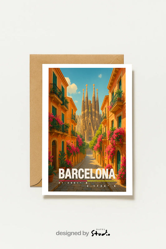 Grußkarte Barcelona | A6 Reisekarte | Urlaubskarte mit Blumen und Architektur | Sommerkarte Spanien | Geschenkidee für Reiseliebhaber
