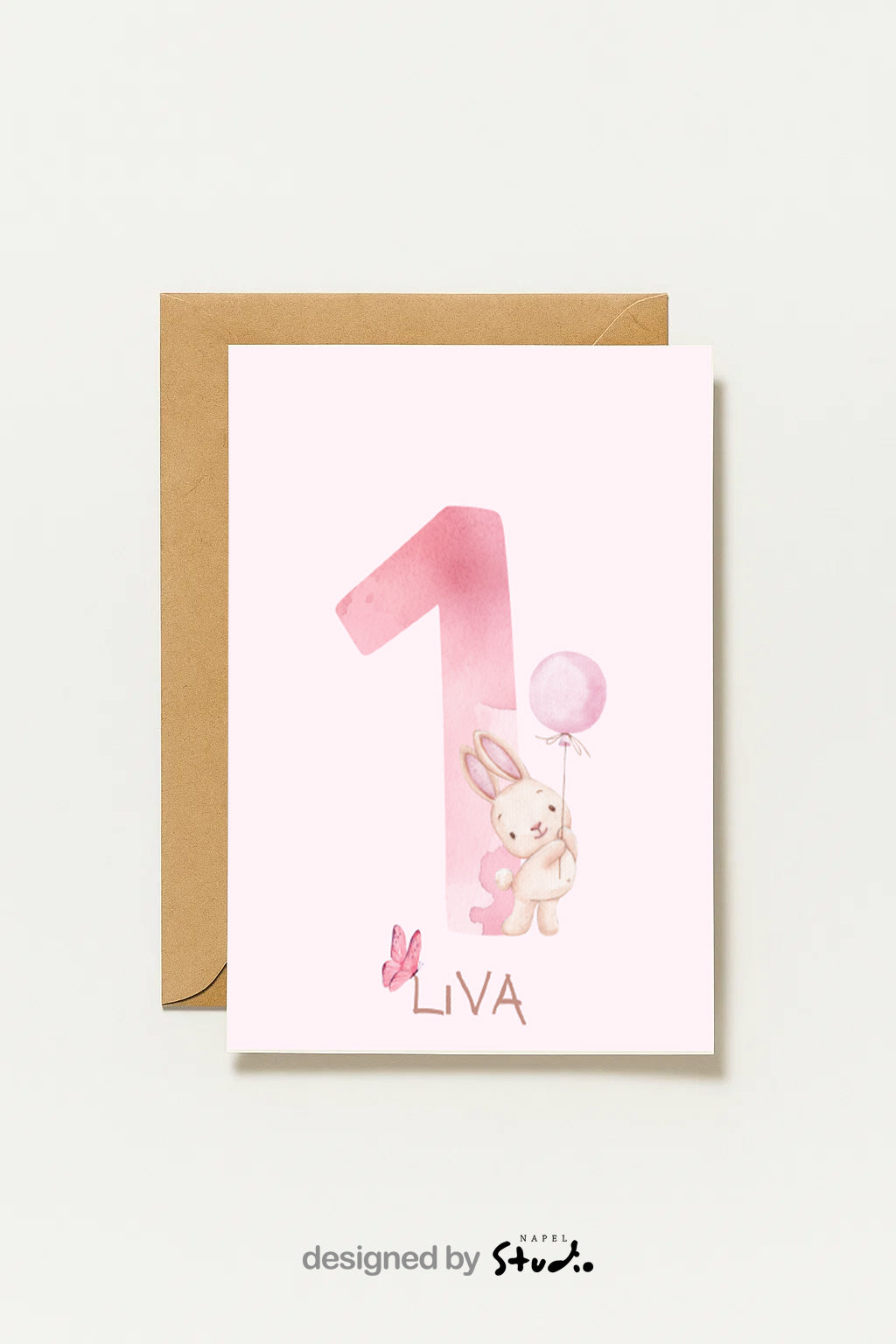 Personalisierte Geburtstagskarte 1. Geburtstag | Rosa Häschen und Ballon