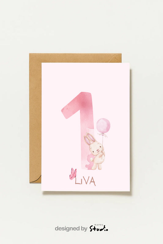 Personalisierte Geburtstagskarte 1. Geburtstag | Rosa Häschen und Ballon