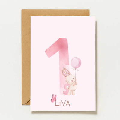 Carte d'anniversaire personnalisée pour le 1er anniversaire | Lapin rose et ballon