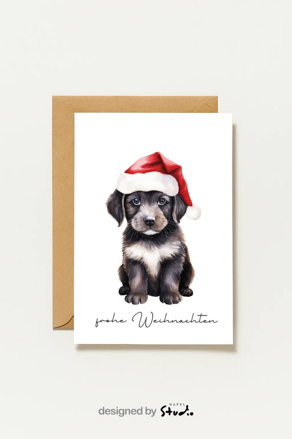 Weihnachtskarte Mit Hund Frohe Weihnachten Mit Welpe Und Weihnachtsmütze
