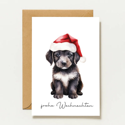 Carte de Noël avec un chien | Carte de Joyeux Noël avec un chiot et un bonnet de Père Noël