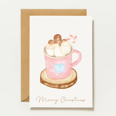 Carte de Noël avec chocolat chaud et bonhomme en pain d'épice | Joyeux Noël