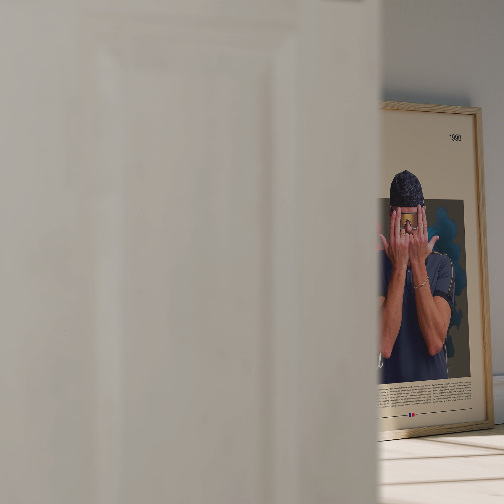 Minimalist Jul poster featuring the French rap artist with bold red and blue smoke background. Perfect hip-hop wall art for modern interiors, music lovers, and collectors. High-resolution digital download printable for home decor.