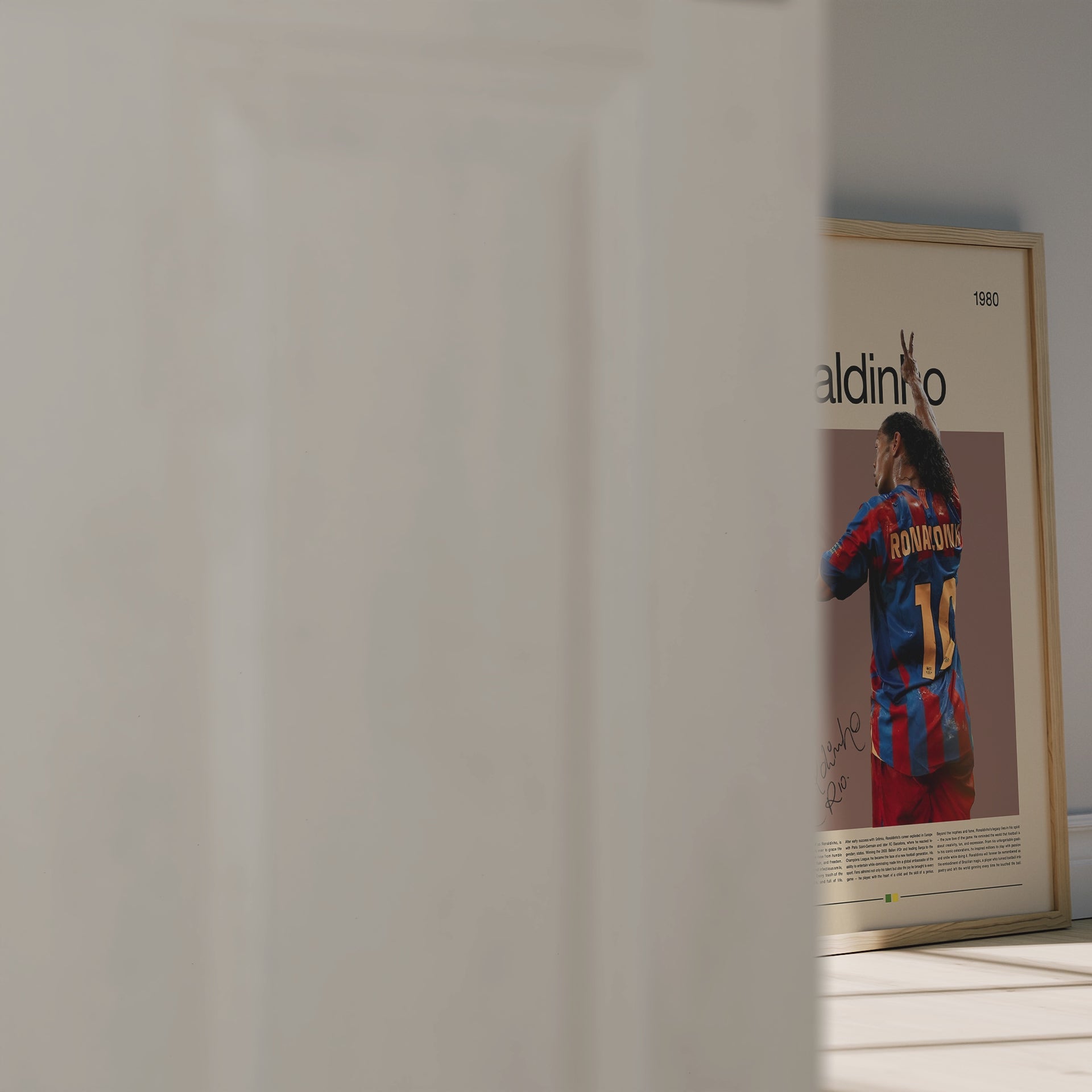 Vintage Ronaldinho poster featuring the Brazilian football legend in his FC Barcelona jersey with number 10. Captures the joy, creativity, and magic of his playing style. Perfect wall art for football lovers, collectors, and fans of beautiful, expressive sports design in a modern vintage aesthetic.