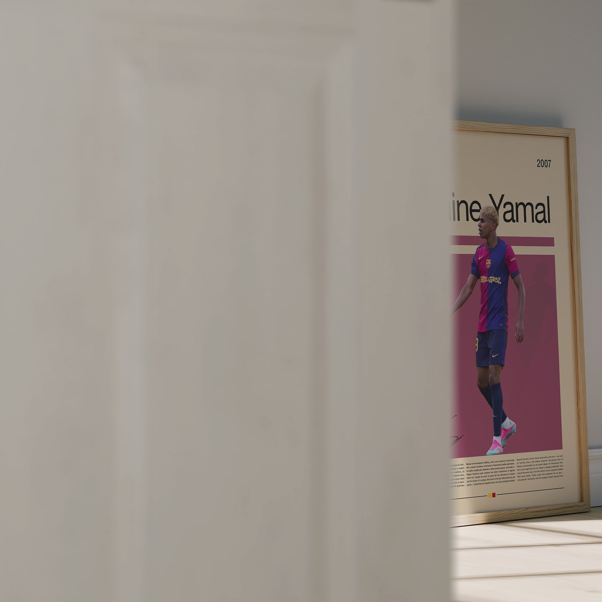 Modern poster of Lamine Yamal, FC Barcelona’s rising football prodigy, captured mid-celebration in his red and blue jersey. Stylish minimalist layout with vintage-inspired tones, perfect wall art for sports fans, young athletes, and anyone inspired by new-generation football icons.
