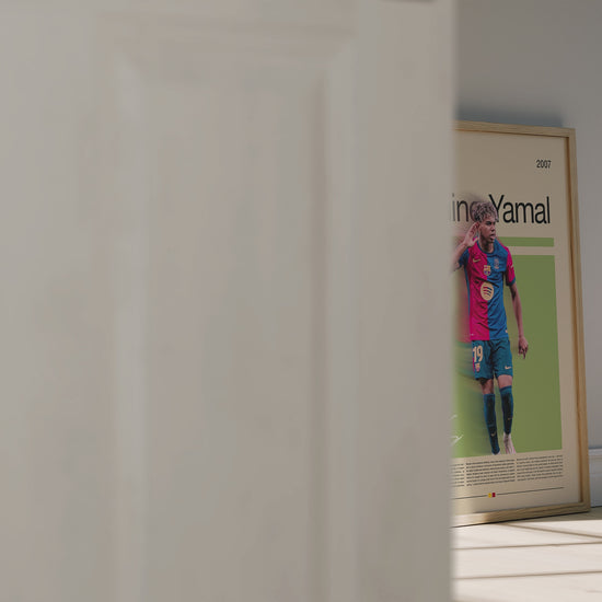 Poster of Lamine Yamal, Barcelona’s young football star, celebrating on the field in a red-blue jersey. Stylish vintage layout with modern beige background and green graphic accents. A motivational sports art print representing youth, dreams and football passion — perfect for collectors and fans.
