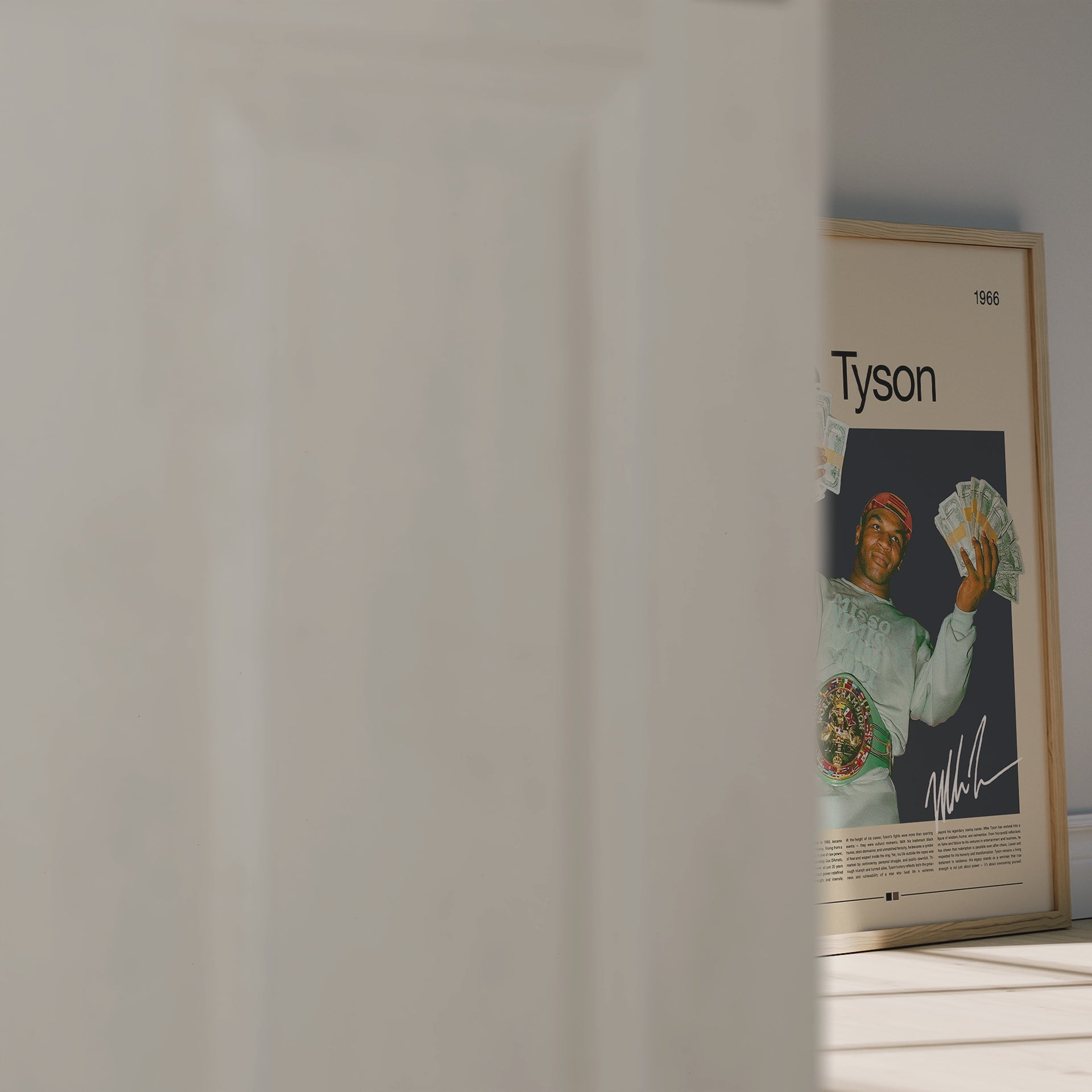 Vintage Mike Tyson poster featuring the boxer proudly holding stacks of cash while wearing his championship belt. Retro beige and dark background design inspired by 90s sports photography. Perfect for boxing fans, collectors, and motivational wall decor lovers.