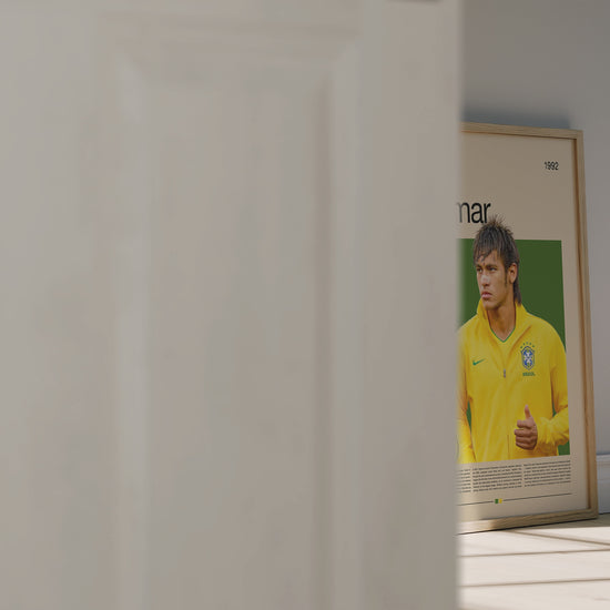 Poster of Neymar Jr in his Brazil training jacket, captured in his early football years. The minimalist artwork features a green and yellow color palette symbolizing Brazil’s passion for the game. Printed on premium matte paper with sharp details and vivid tones, this Neymar wall art celebrates creativity, energy, and the artistic side of football. Ideal for sports fans, collectors, and modern home interiors.