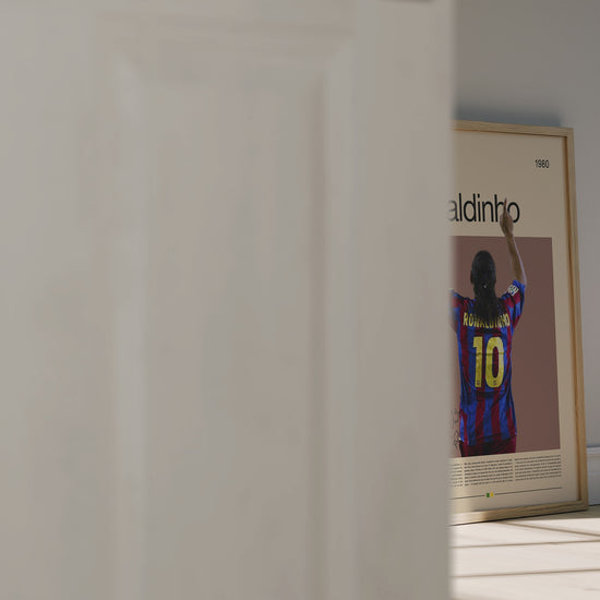 Vintage Ronaldinho poster featuring the Brazilian football legend in his FC Barcelona jersey with raised arms, celebrating his iconic number 10 legacy. Minimalist design with retro tones, perfect wall art for football lovers, collectors, and those who appreciate the artistry and emotion of the beautiful game.