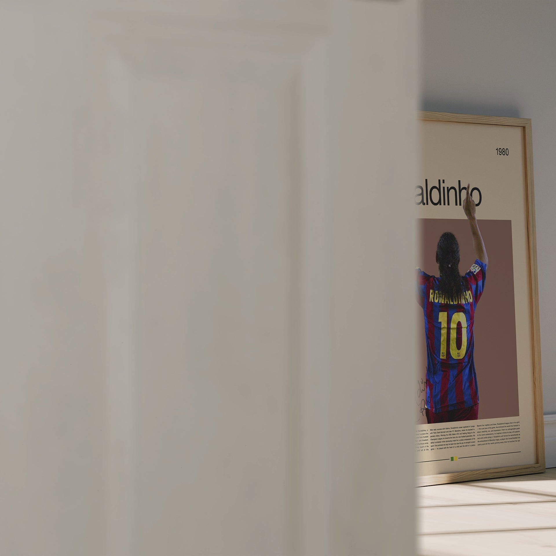 Vintage Ronaldinho poster featuring the Brazilian football legend in his FC Barcelona jersey with raised arms, celebrating his iconic number 10 legacy. Minimalist design with retro tones, perfect wall art for football lovers, collectors, and those who appreciate the artistry and emotion of the beautiful game.